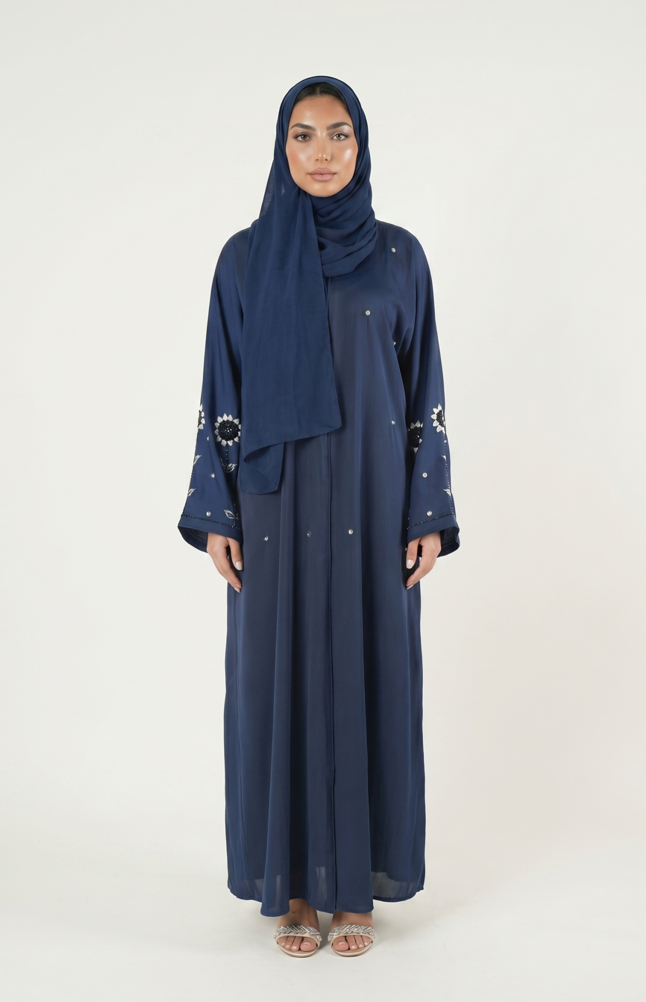 Navy Blue Embellished Abaya Maxi Dress with Floral Sleeve Detail