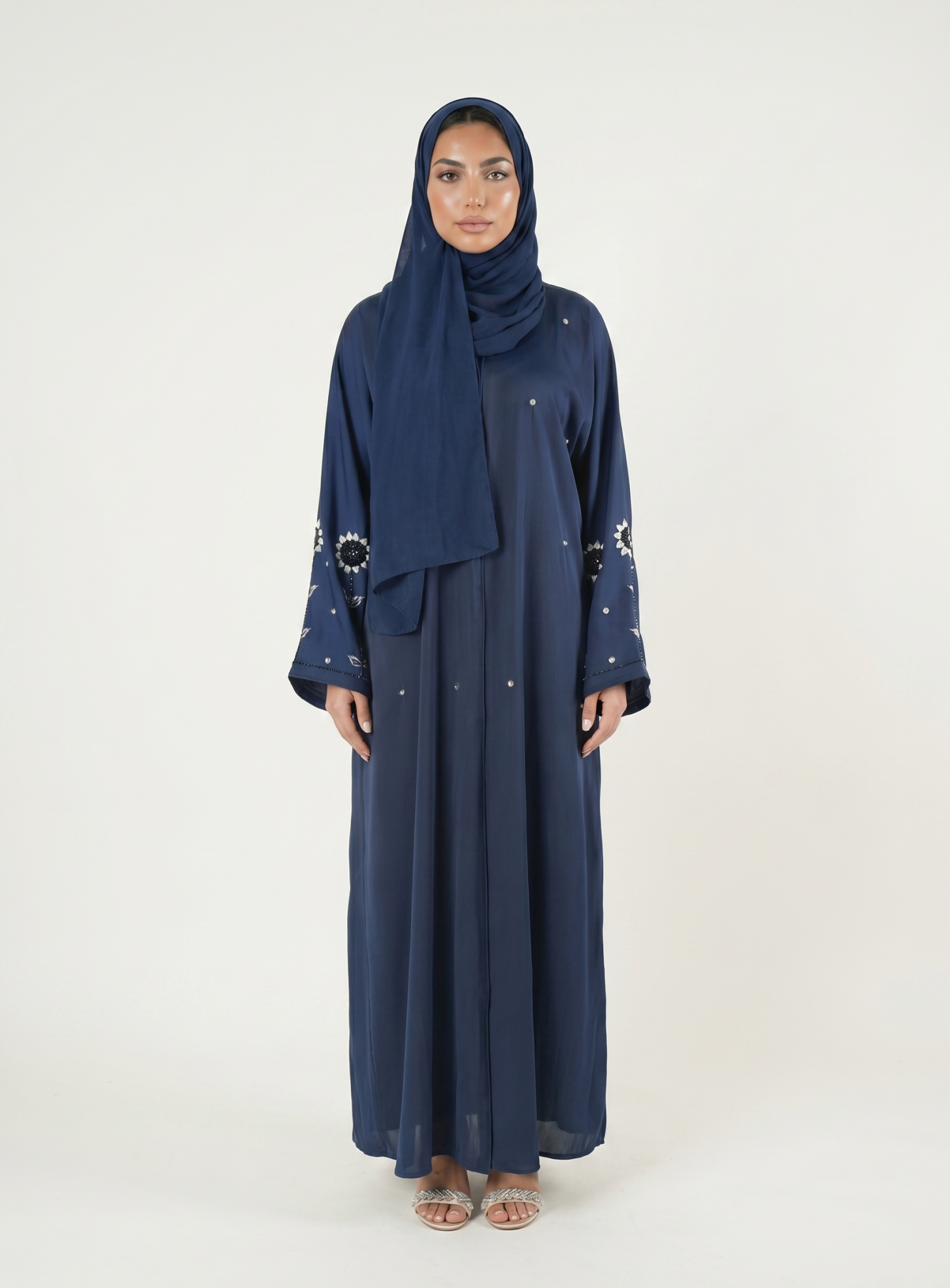 Navy Blue Embellished Abaya Maxi Dress with Floral Sleeve Detail