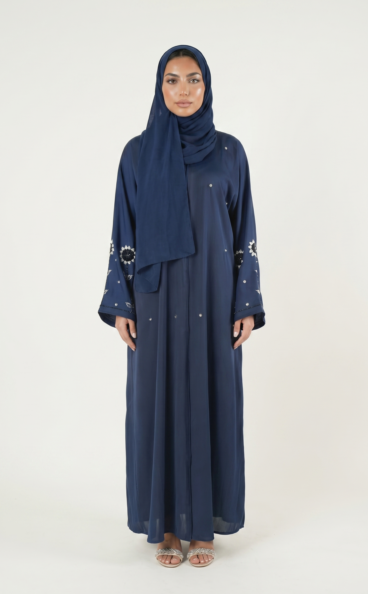 Navy Blue Embellished Abaya Maxi Dress with Floral Sleeve Detail