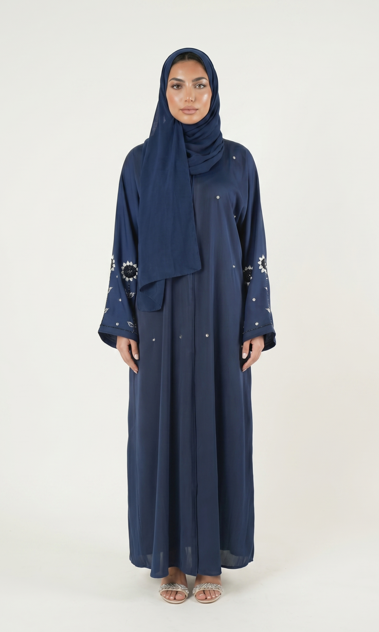 Navy Blue Embellished Abaya Maxi Dress with Floral Sleeve Detail