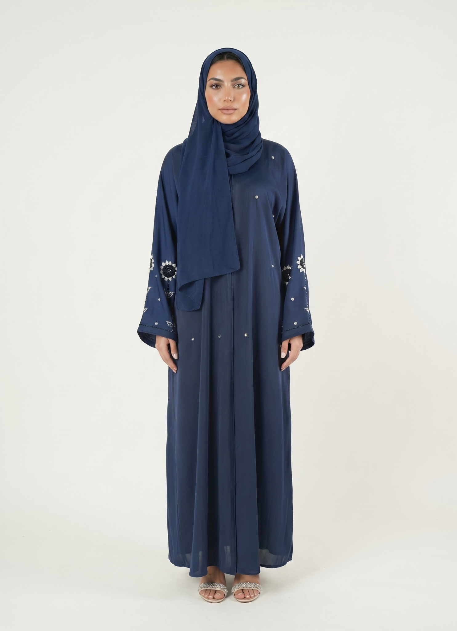 Navy Blue Embellished Abaya Maxi Dress with Floral Sleeve Detail