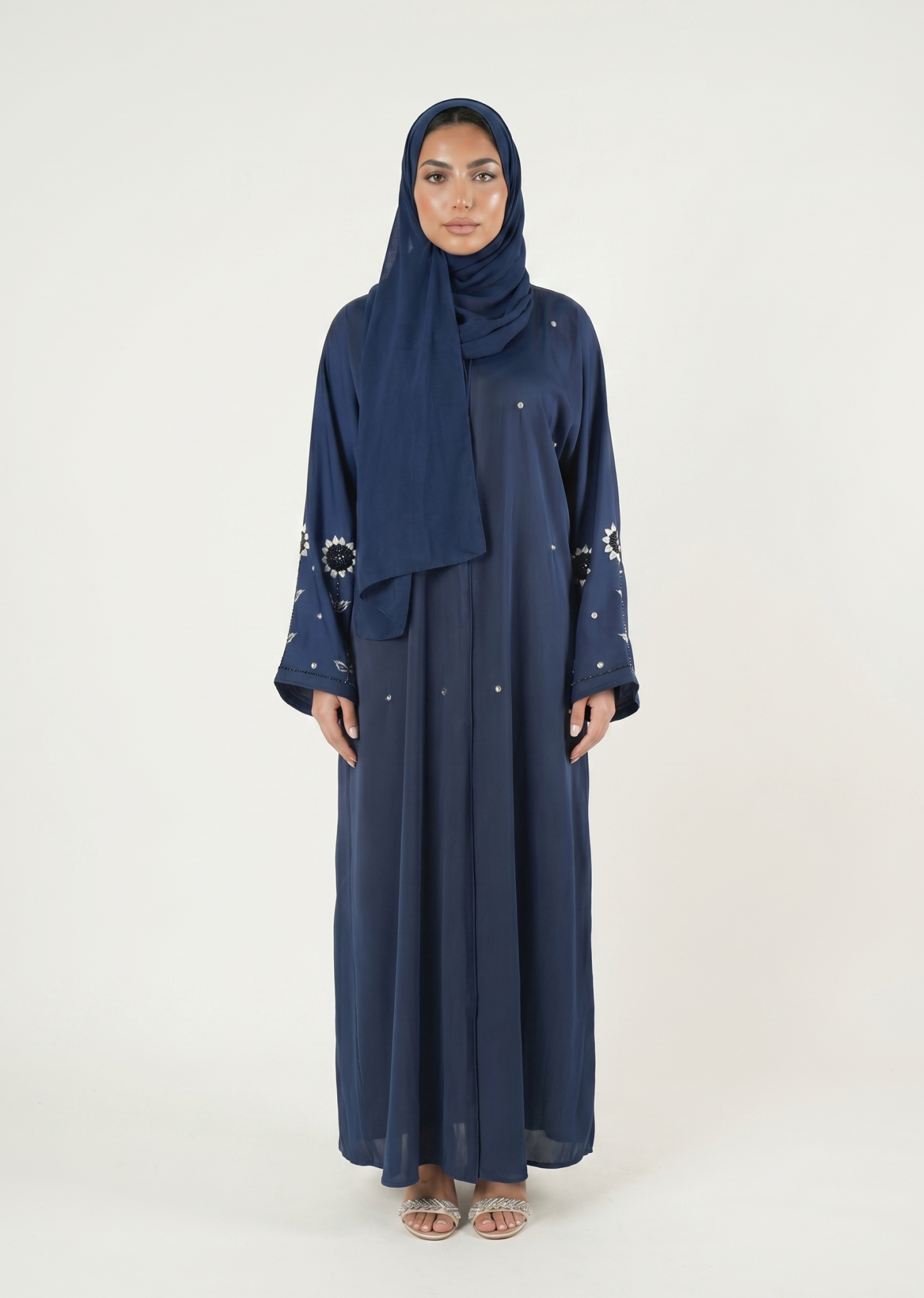 Navy Blue Embellished Abaya Maxi Dress with Floral Sleeve Detail