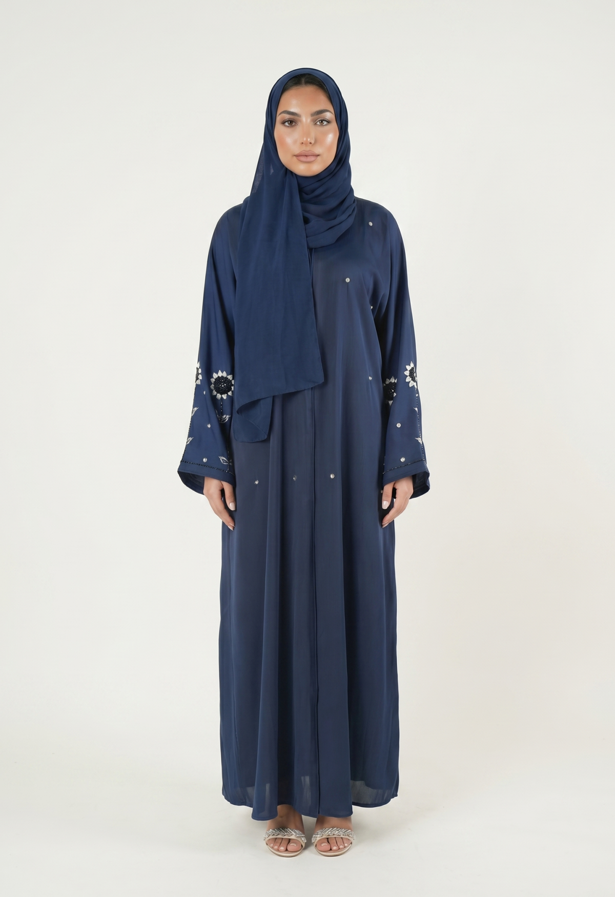 Navy Blue Embellished Abaya Maxi Dress with Floral Sleeve Detail