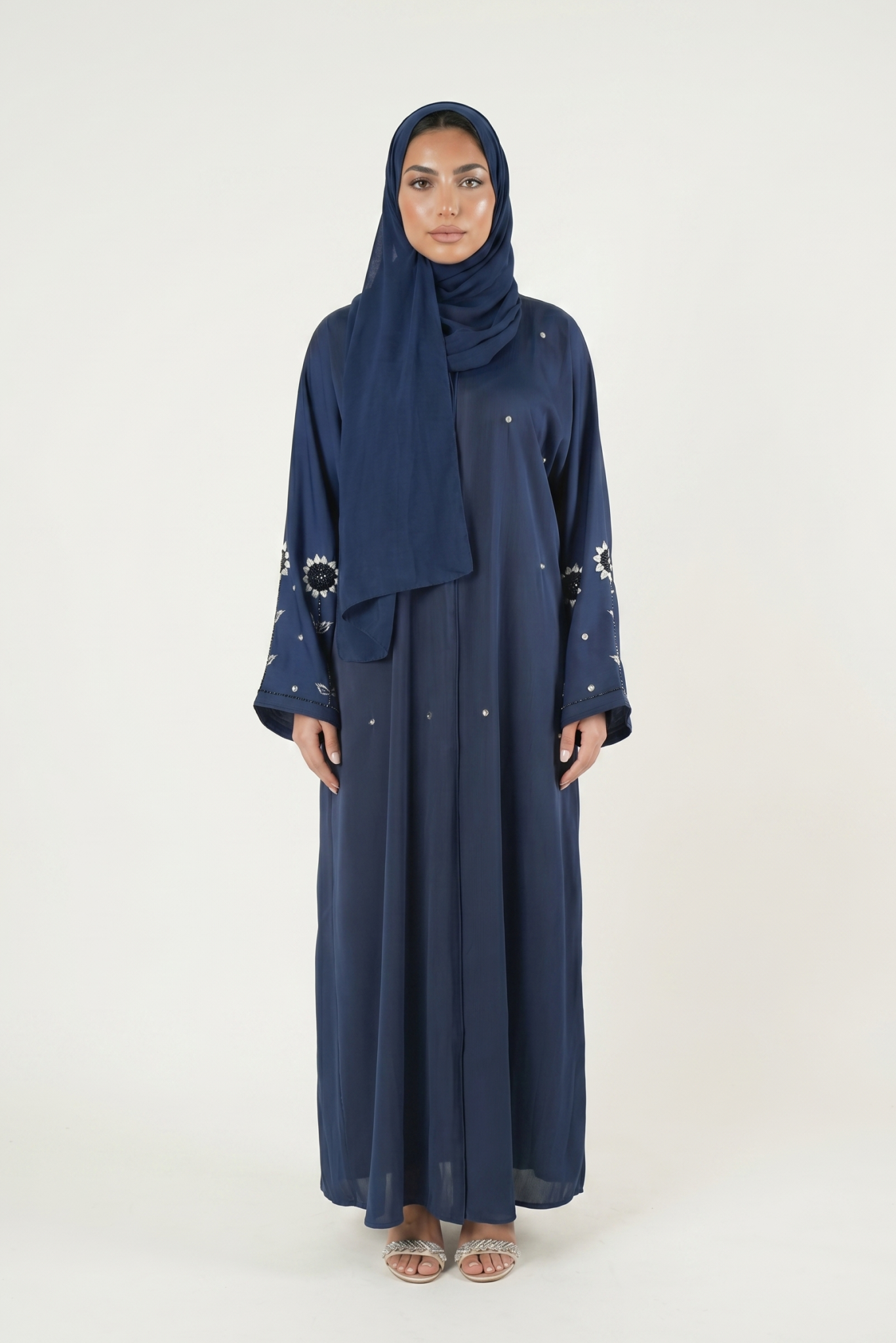 Navy Blue Embellished Abaya Maxi Dress with Floral Sleeve Detail
