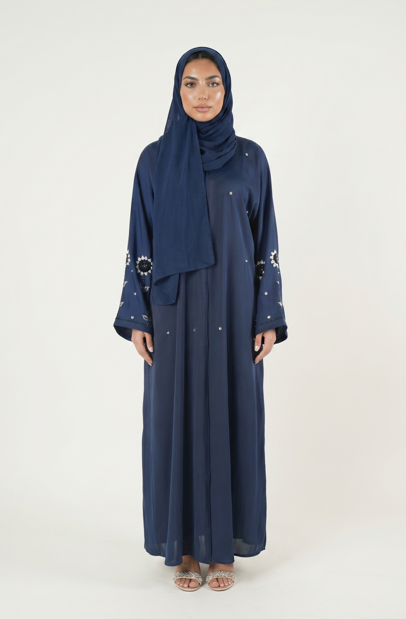 Navy Blue Embellished Abaya Maxi Dress with Floral Sleeve Detail