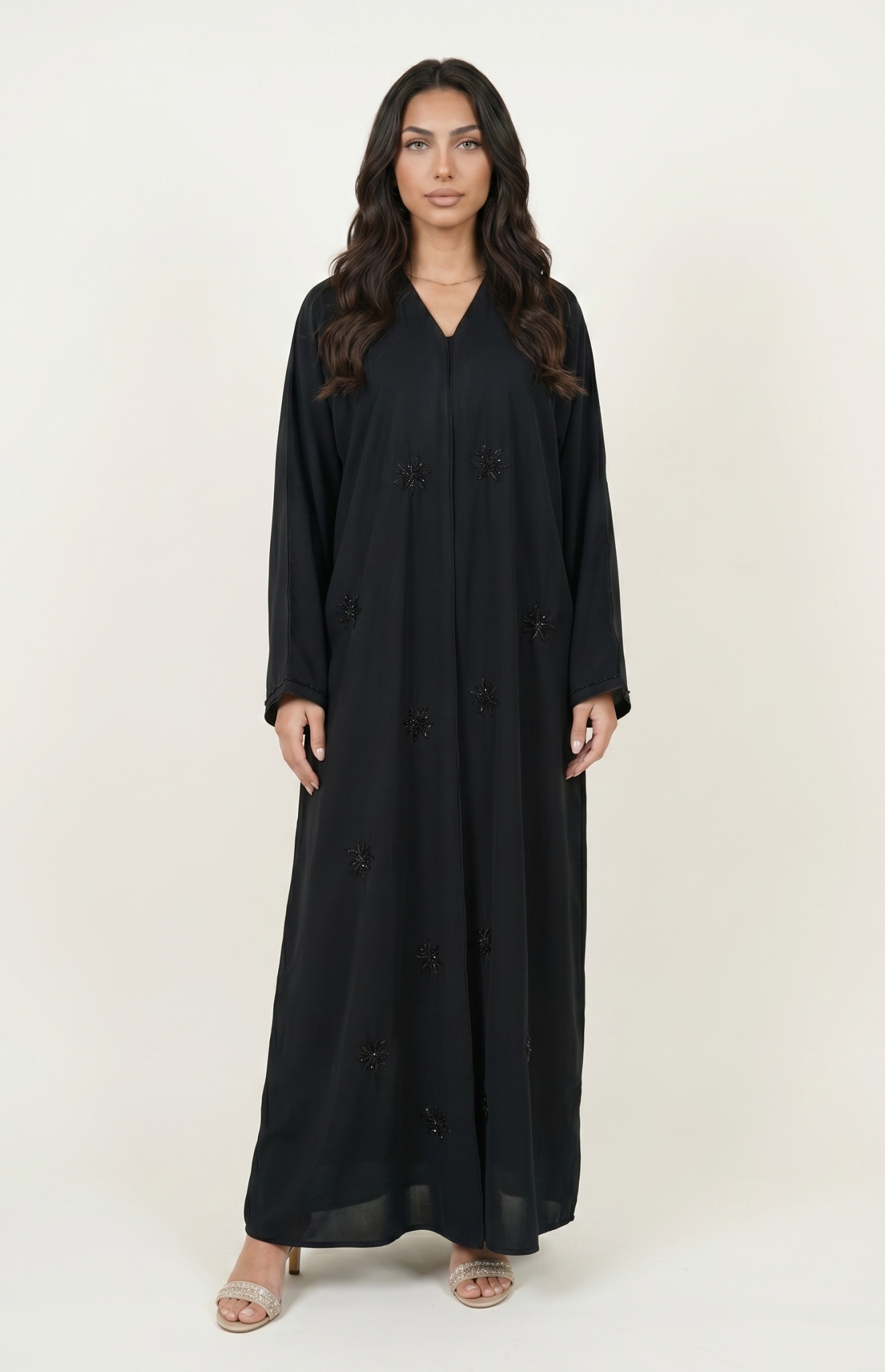 Black Embellished Maxi Abaya Kaftan Dress with Beaded Motifs