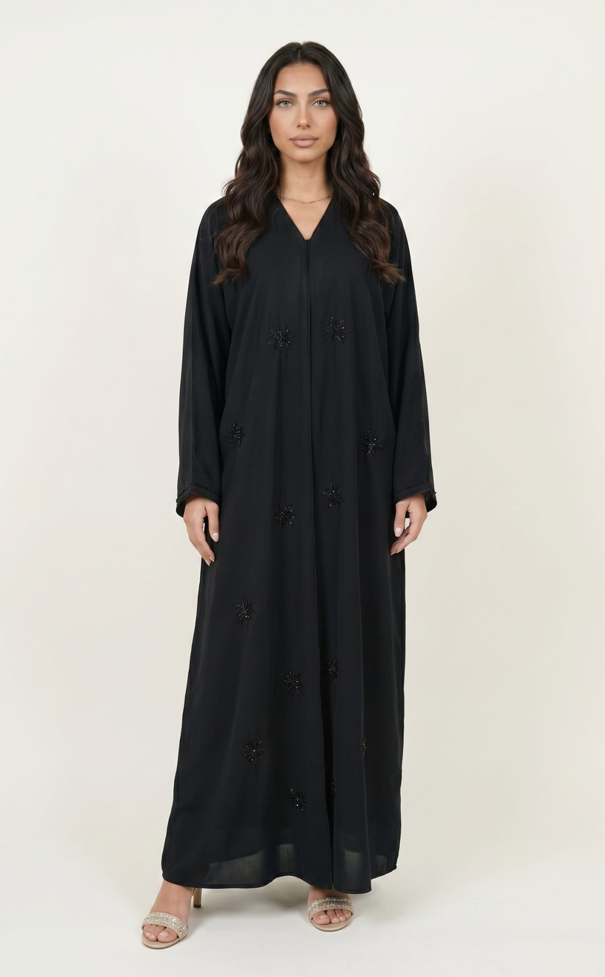 Black Embellished Maxi Abaya Kaftan Dress with Beaded Motifs