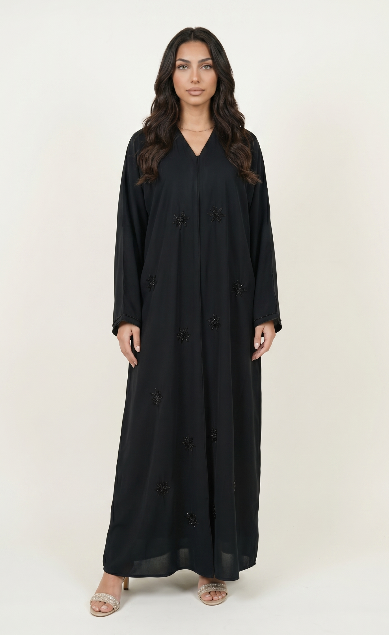 Black Embellished Maxi Abaya Kaftan Dress with Beaded Motifs