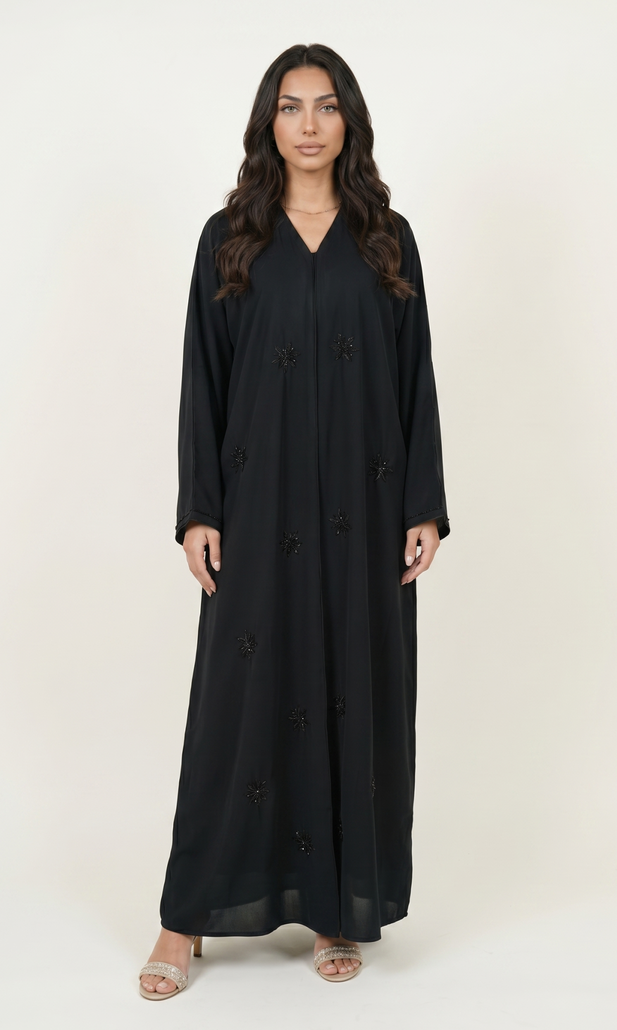 Black Embellished Maxi Abaya Kaftan Dress with Beaded Motifs