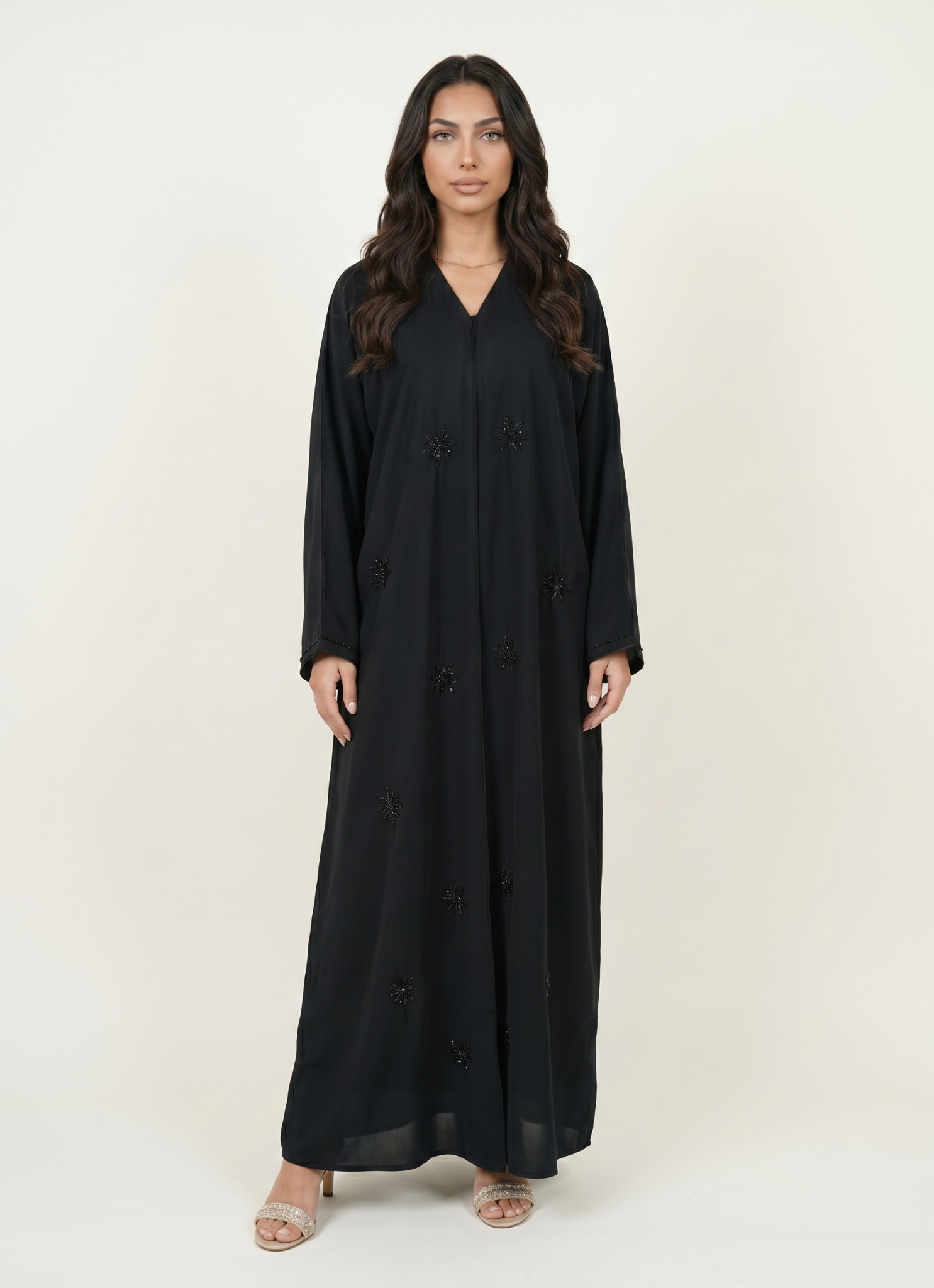 Black Embellished Maxi Abaya Kaftan Dress with Beaded Motifs