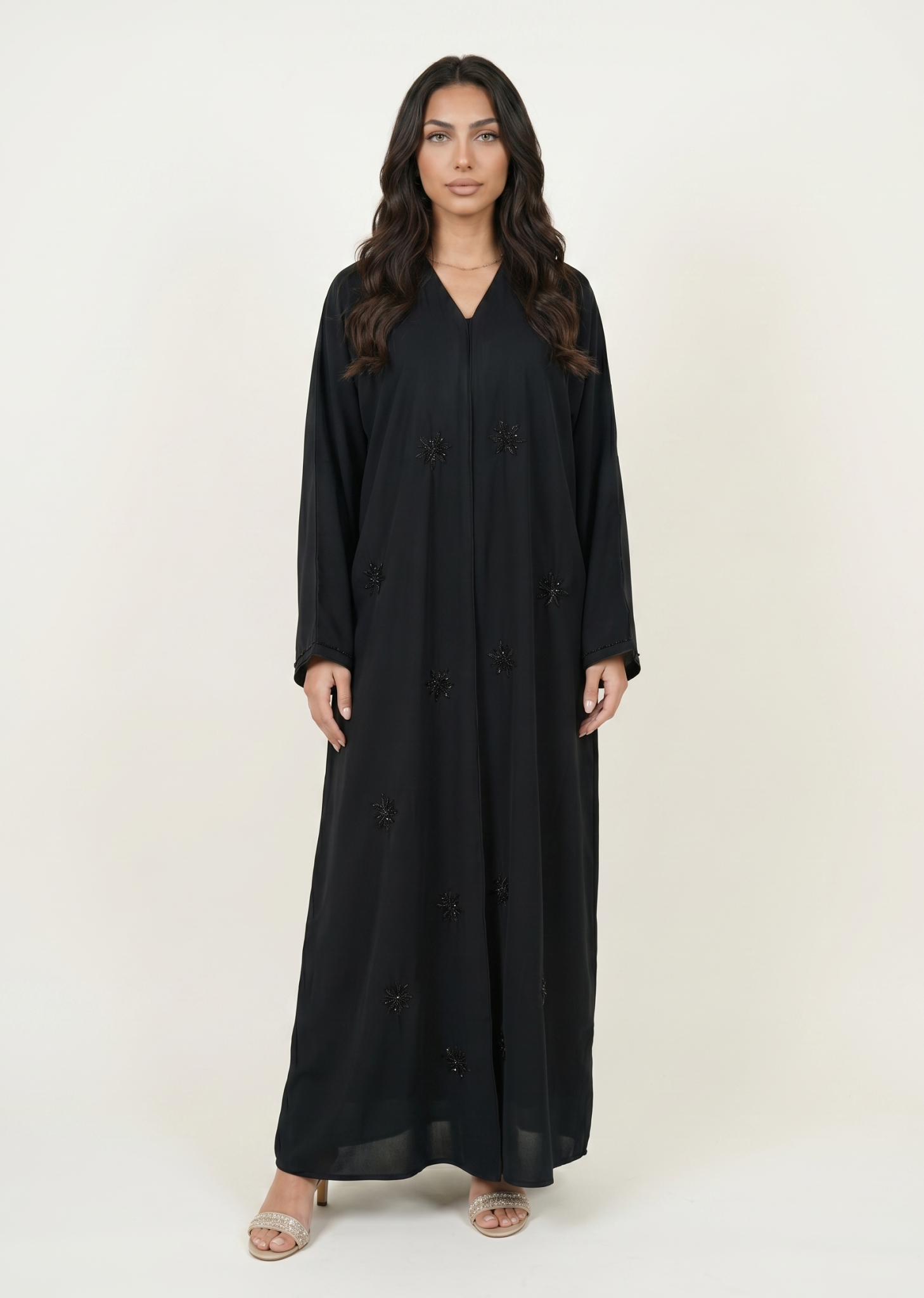 Black Embellished Maxi Abaya Kaftan Dress with Beaded Motifs