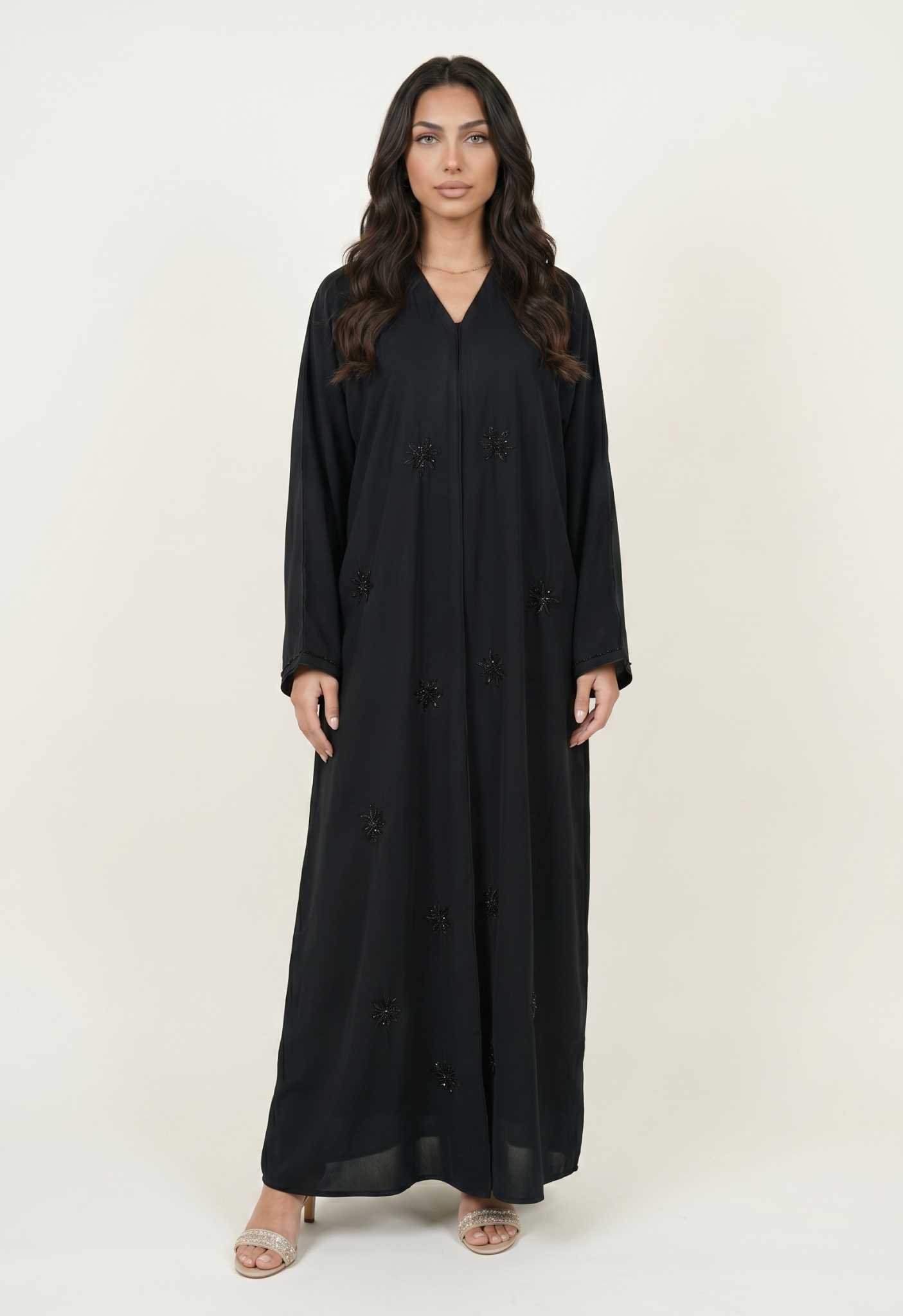 Black Embellished Maxi Abaya Kaftan Dress with Beaded Motifs