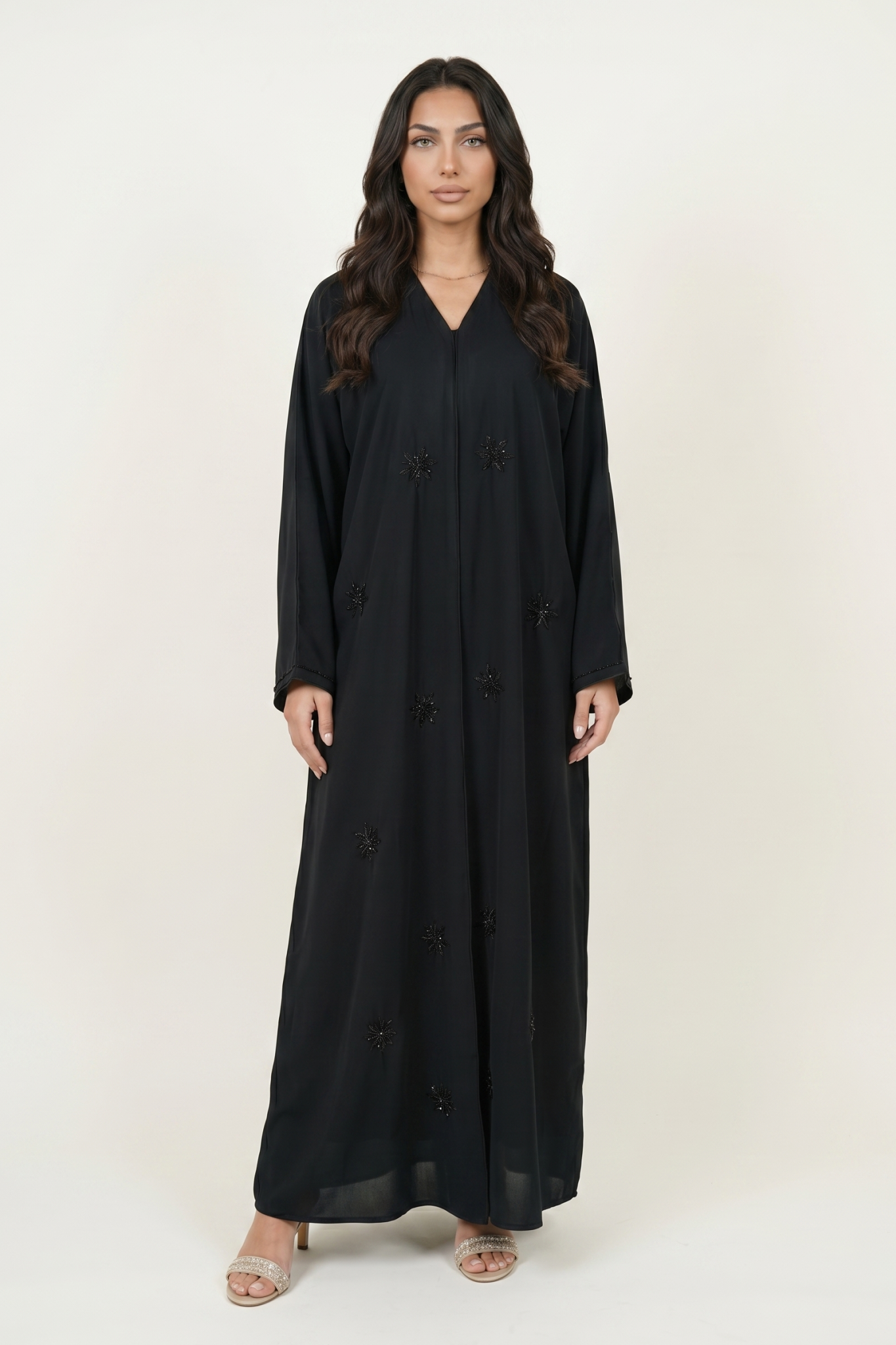 Black Embellished Maxi Abaya Kaftan Dress with Beaded Motifs