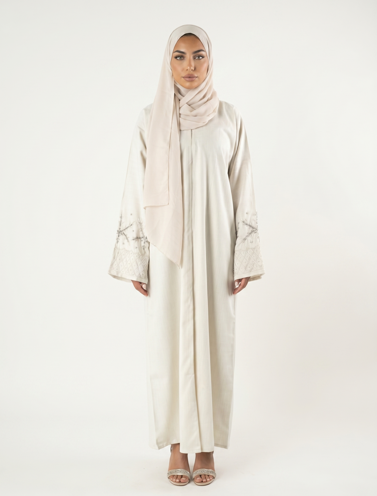 Elegant Beige Embroidered Sleeve Abaya Maxi Dress with Matching Scarf