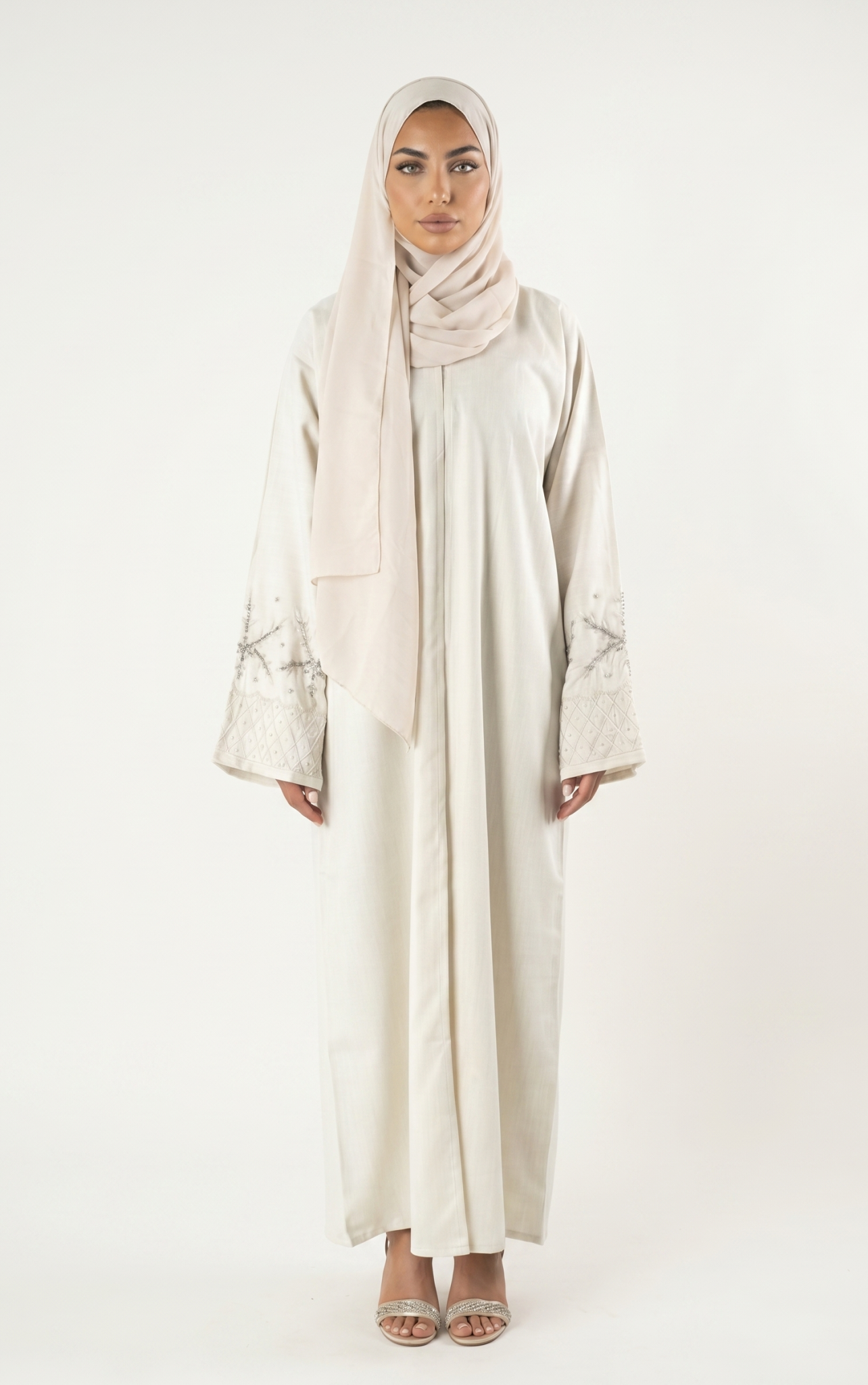 Elegant Beige Embroidered Sleeve Abaya Maxi Dress with Matching Scarf