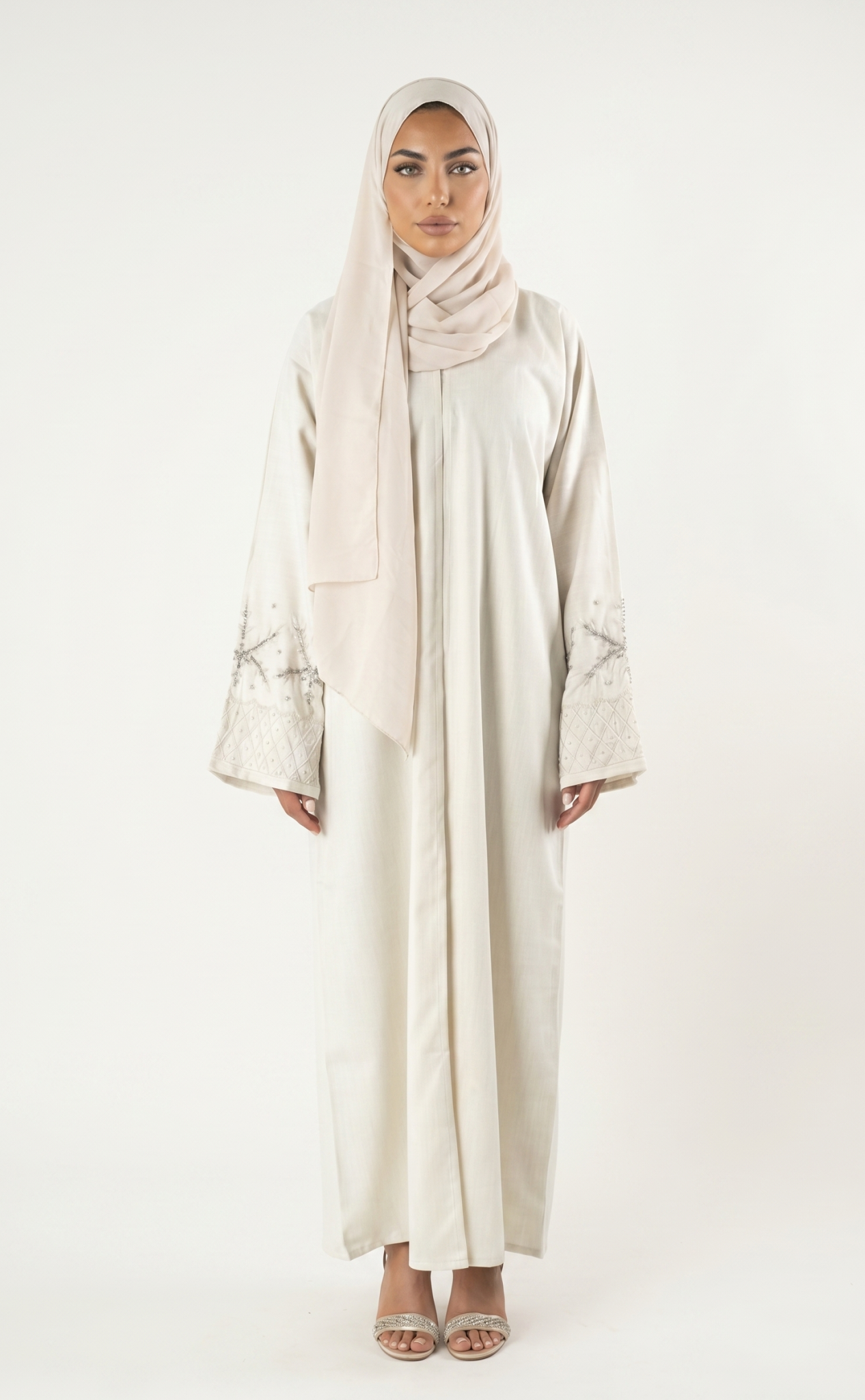 Elegant Beige Embroidered Sleeve Abaya Maxi Dress with Matching Scarf