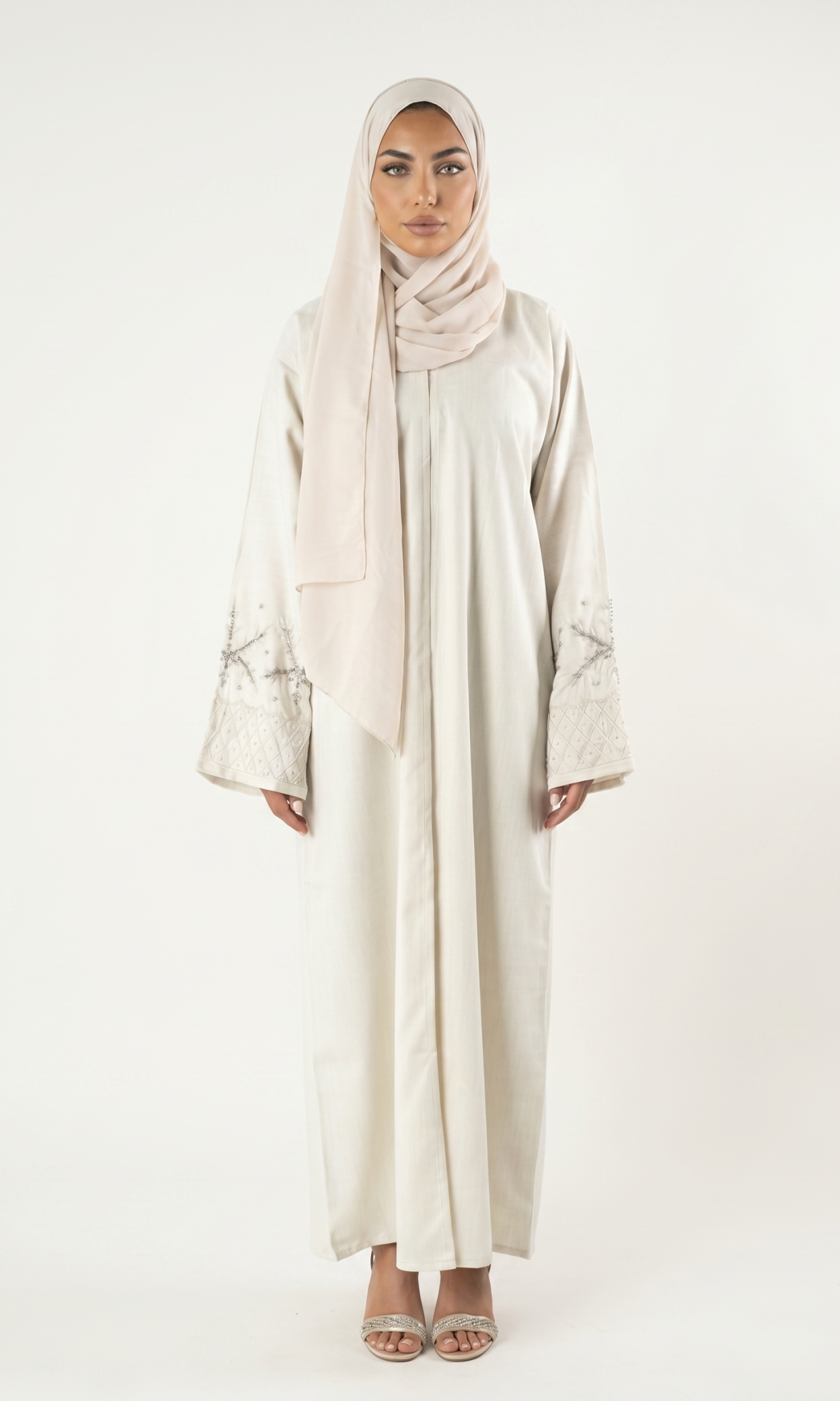 Elegant Beige Embroidered Sleeve Abaya Maxi Dress with Matching Scarf