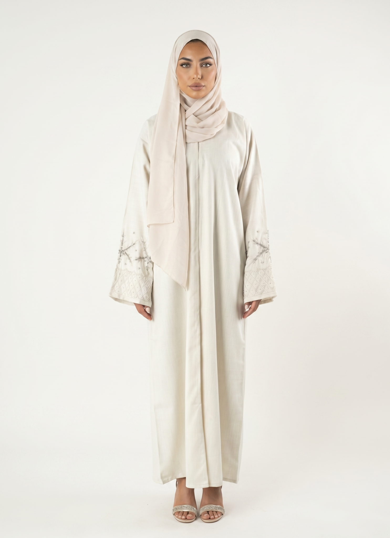 Elegant Beige Embroidered Sleeve Abaya Maxi Dress with Matching Scarf