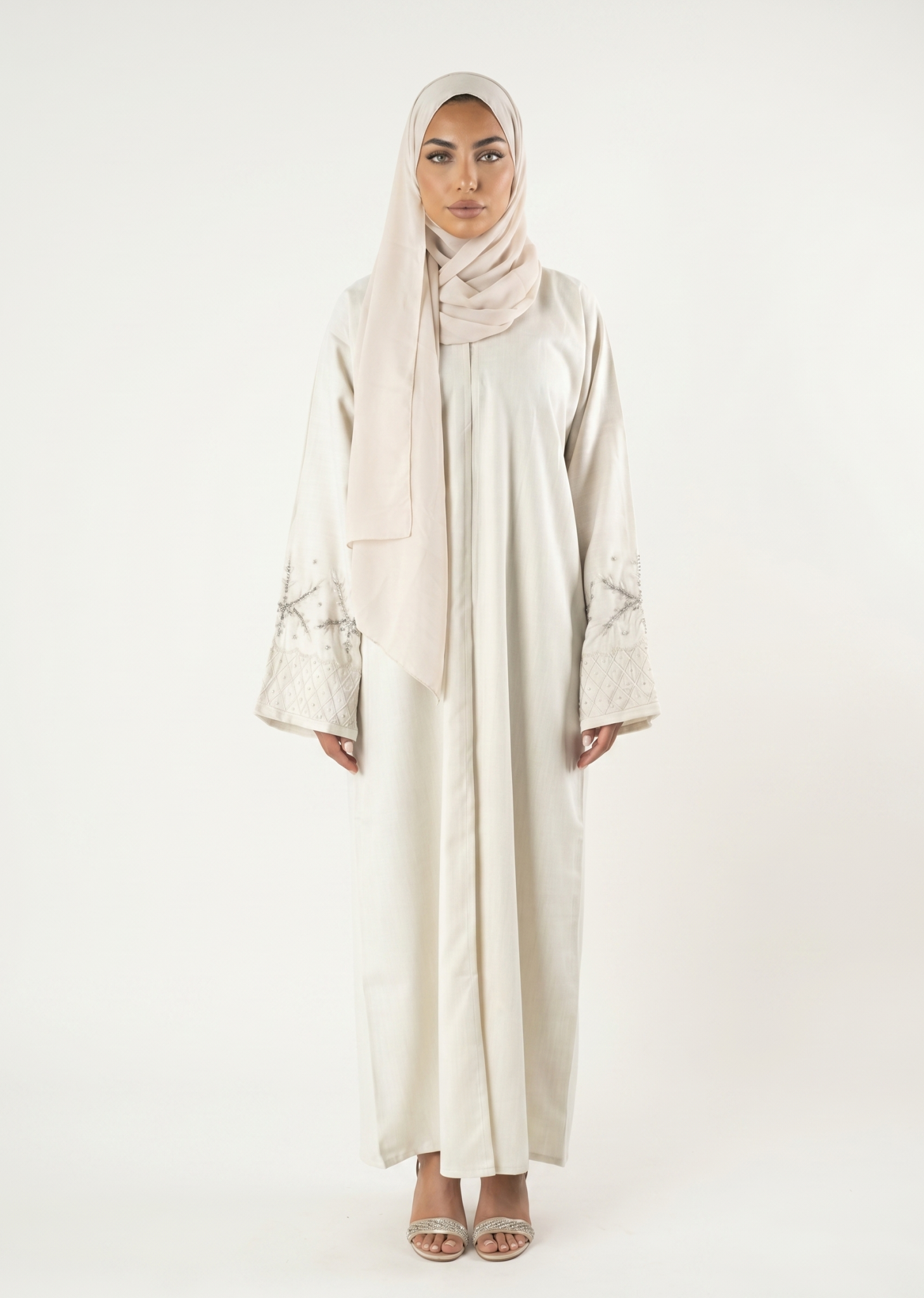 Elegant Beige Embroidered Sleeve Abaya Maxi Dress with Matching Scarf