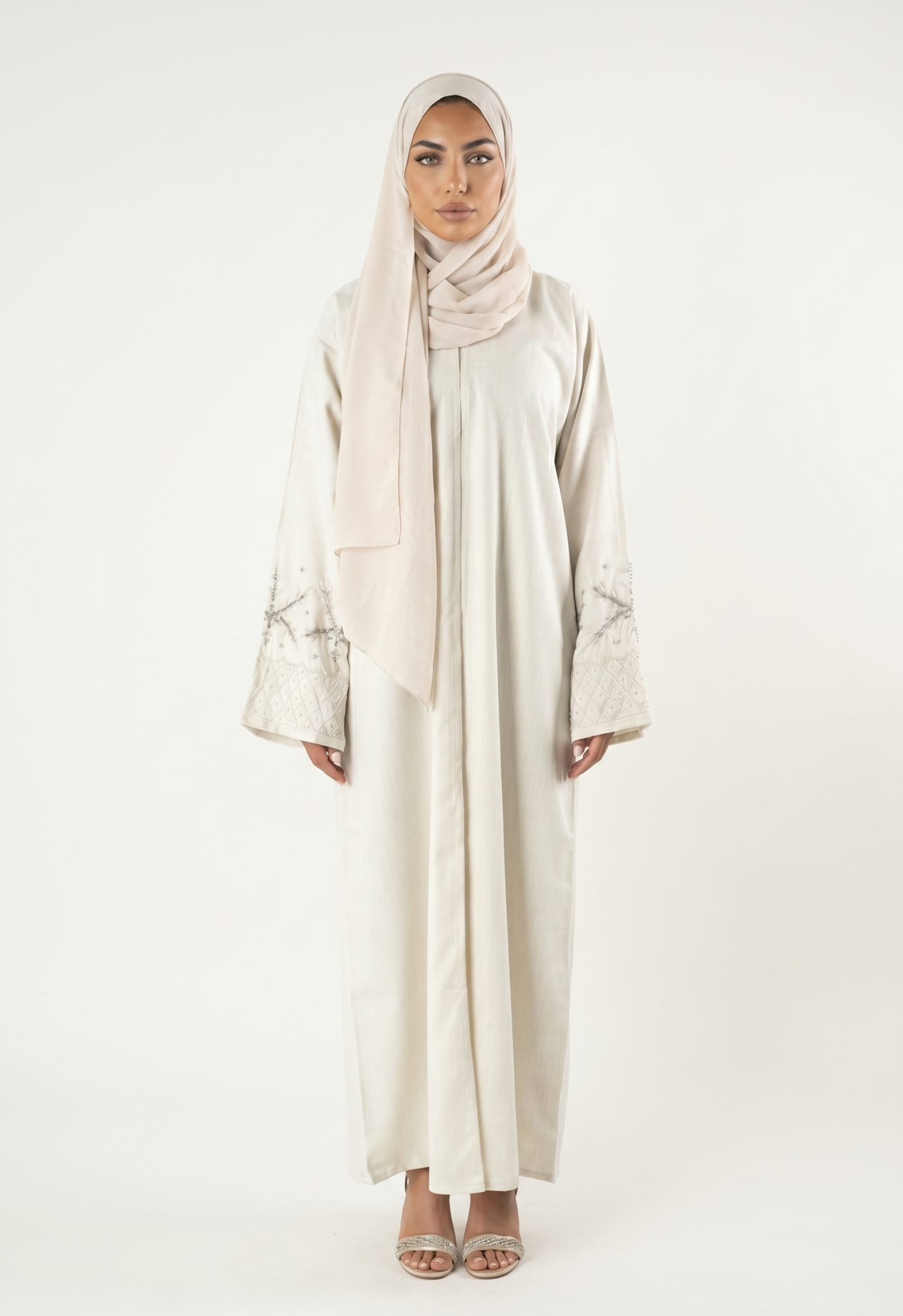Elegant Beige Embroidered Sleeve Abaya Maxi Dress with Matching Scarf