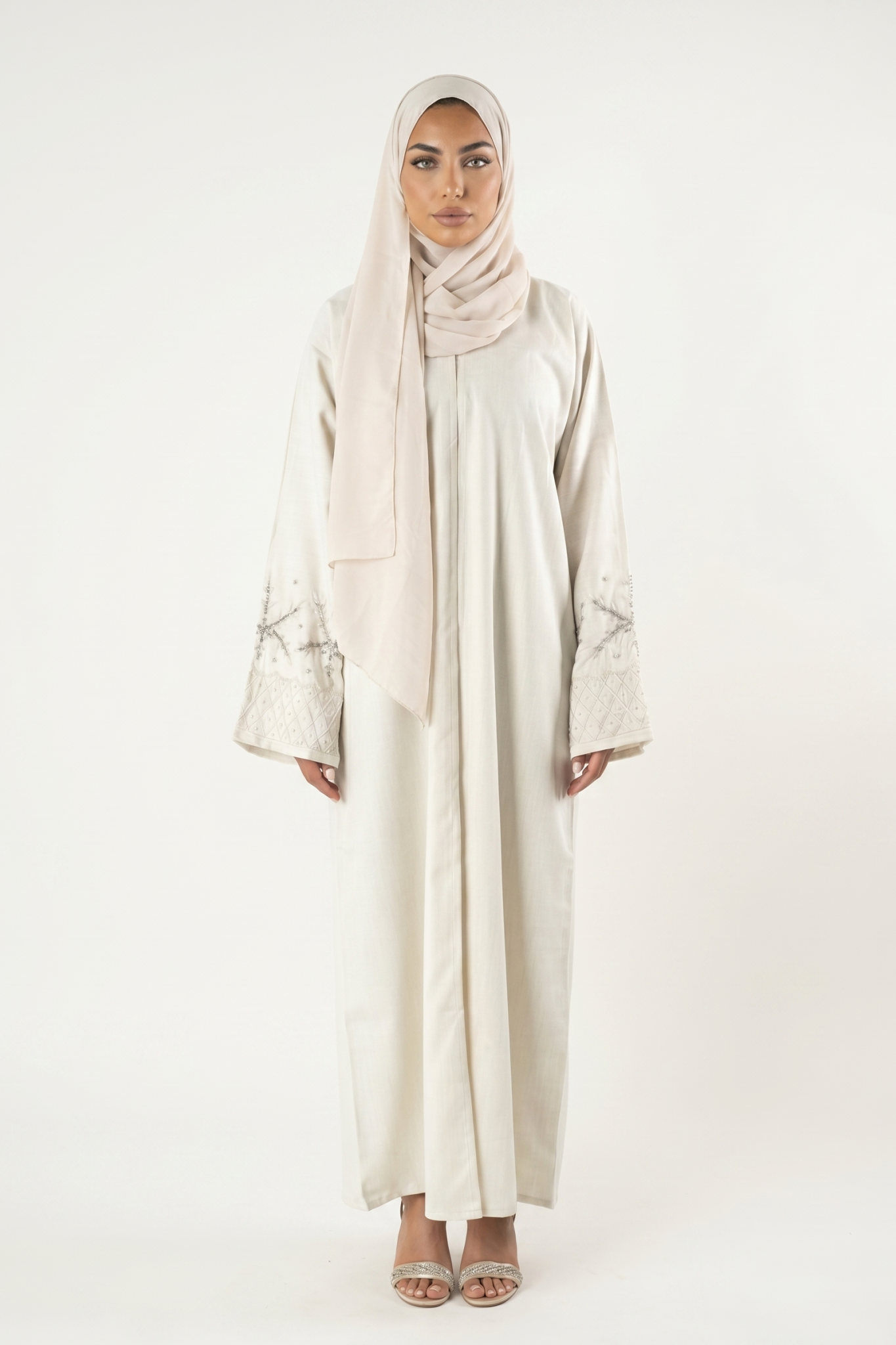 Elegant Beige Embroidered Sleeve Abaya Maxi Dress with Matching Scarf