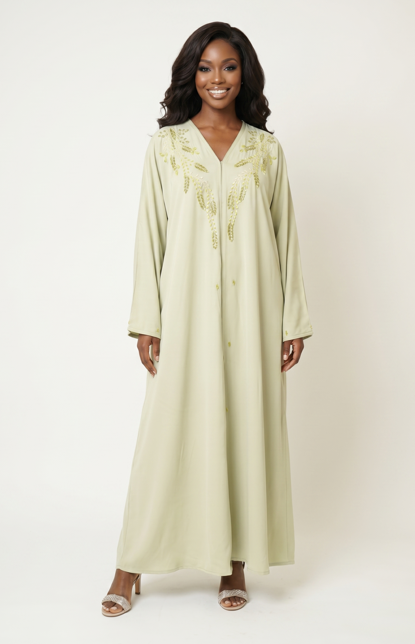 Sage Green Embroidered Kaftan Maxi Dress