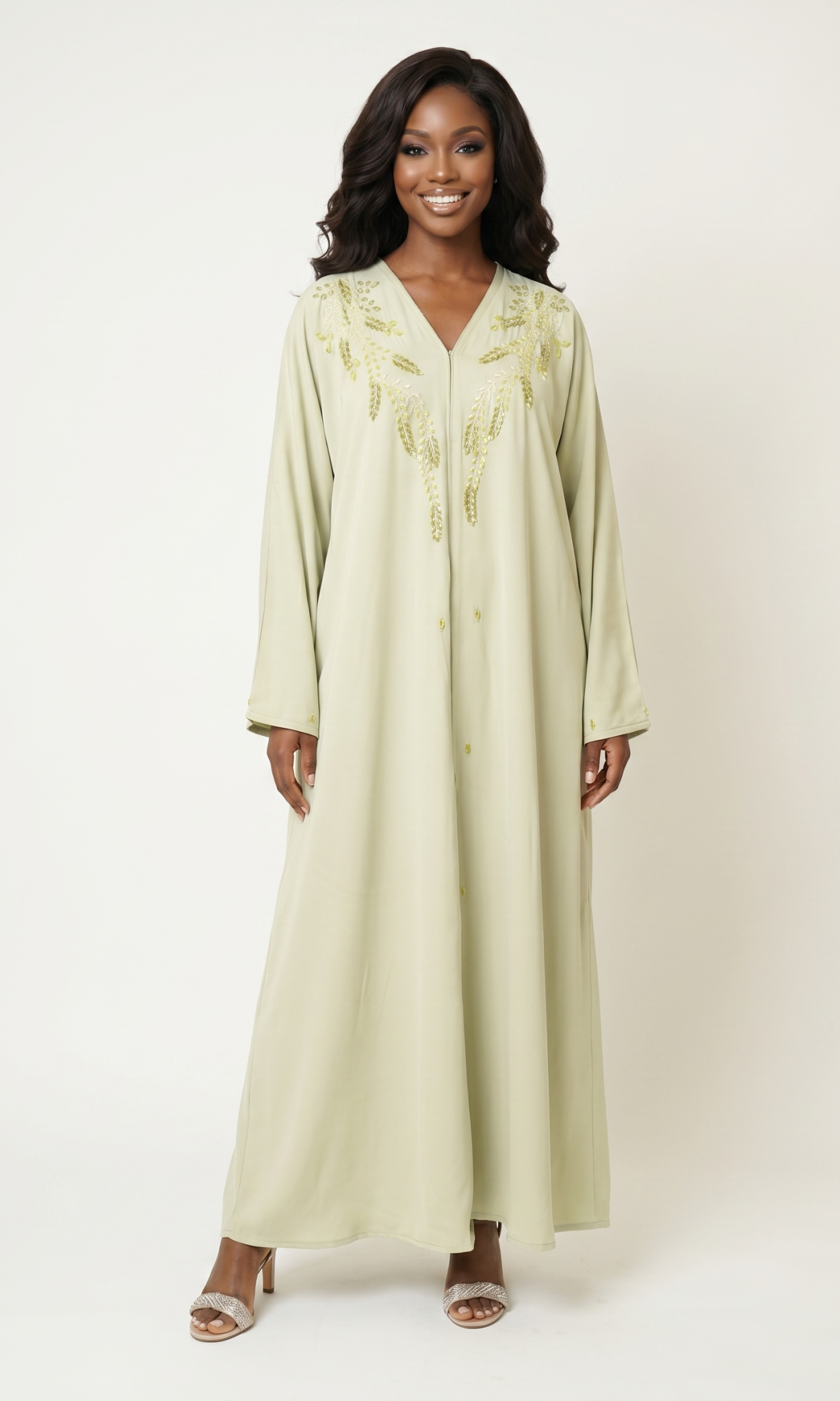 Sage Green Embroidered Kaftan Maxi Dress