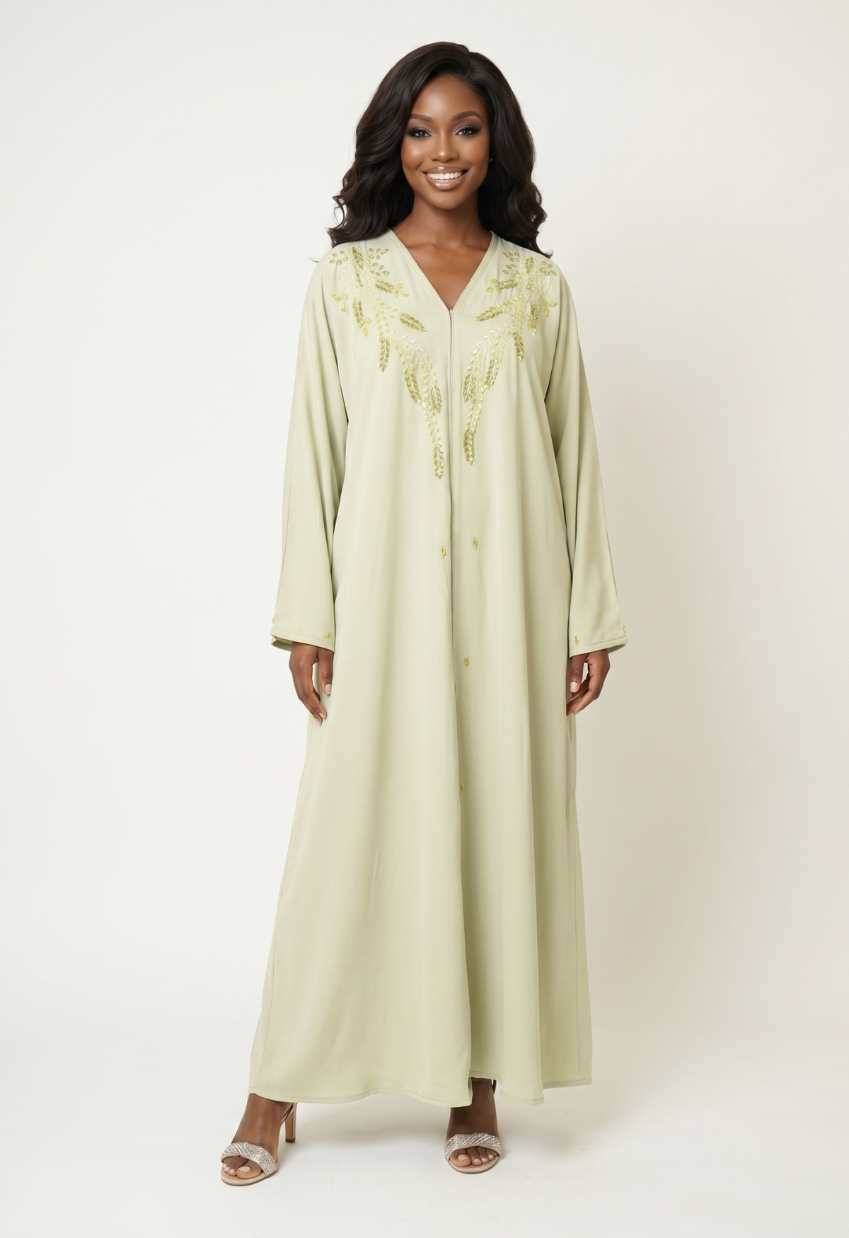 Sage Green Embroidered Kaftan Maxi Dress
