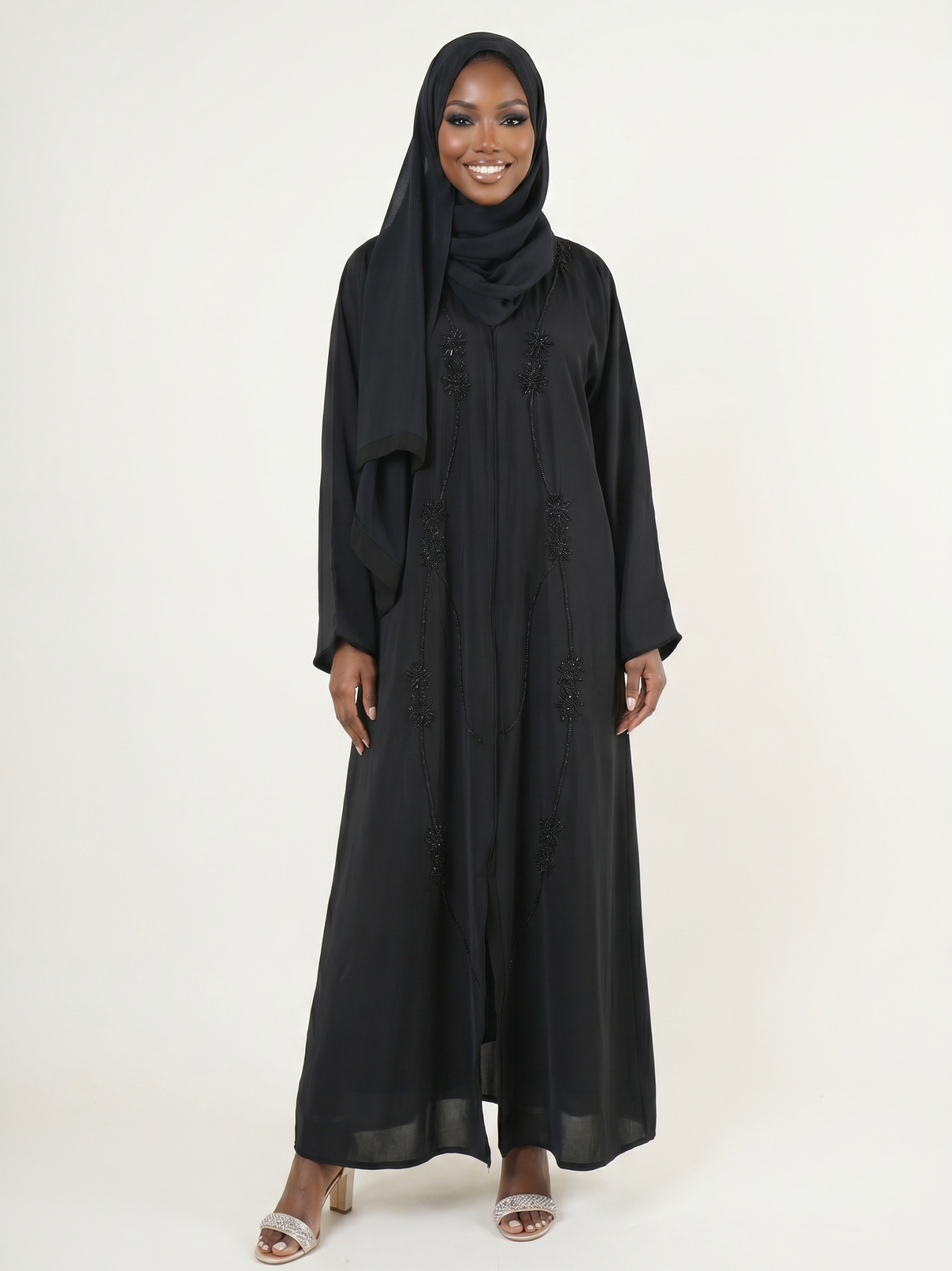 Elegant Black Embroidered Abaya Maxi Dress