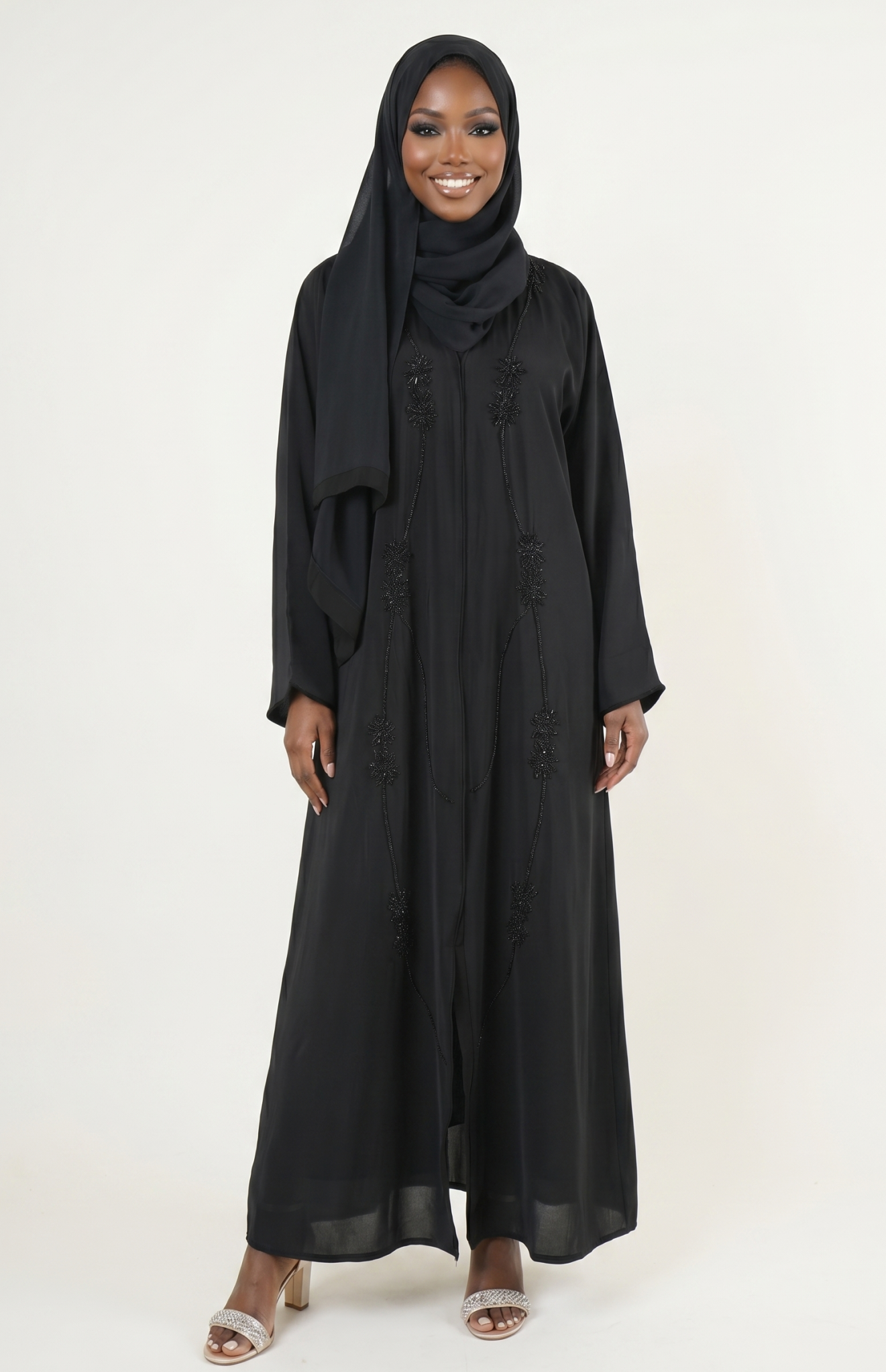 Elegant Black Embroidered Abaya Maxi Dress
