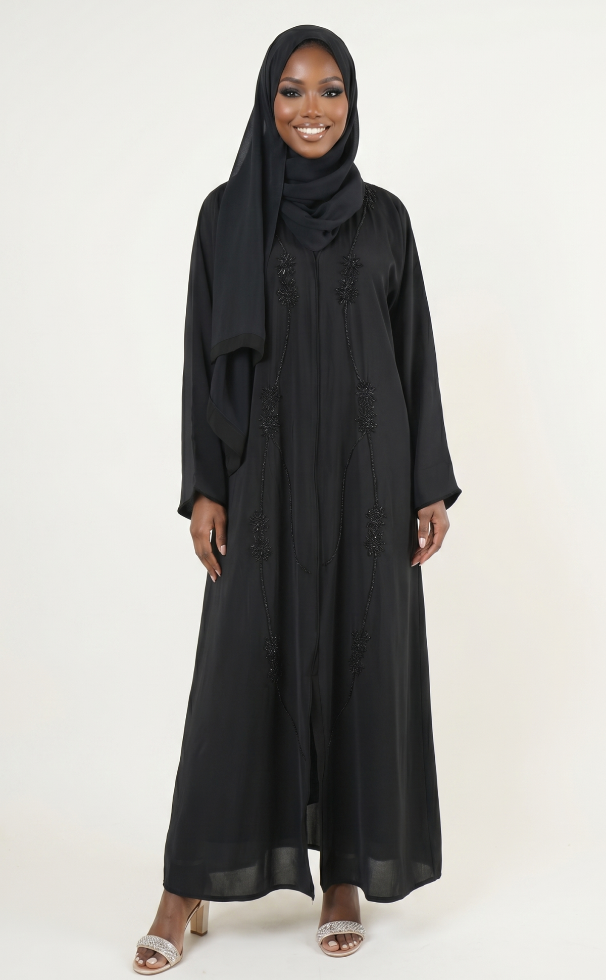 Elegant Black Embroidered Abaya Maxi Dress