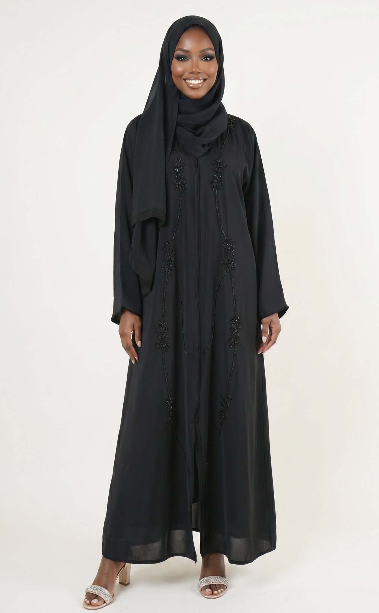 Elegant Black Embroidered Abaya Maxi Dress