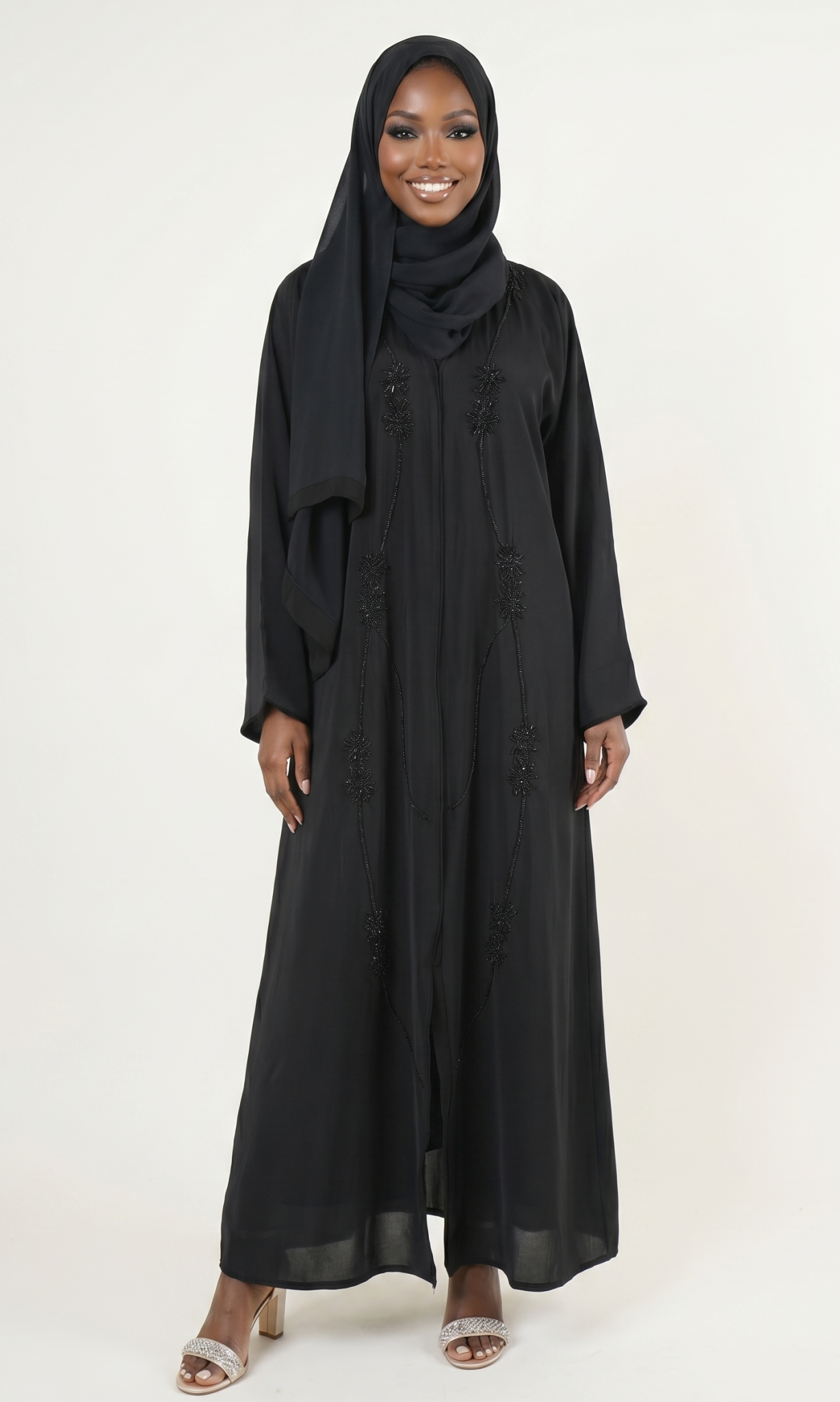Elegant Black Embroidered Abaya Maxi Dress