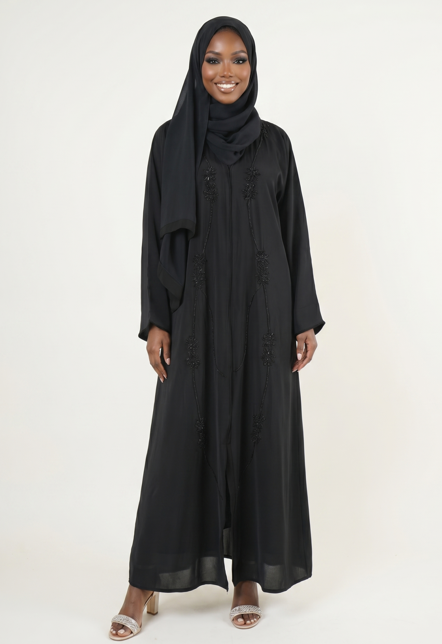Elegant Black Embroidered Abaya Maxi Dress