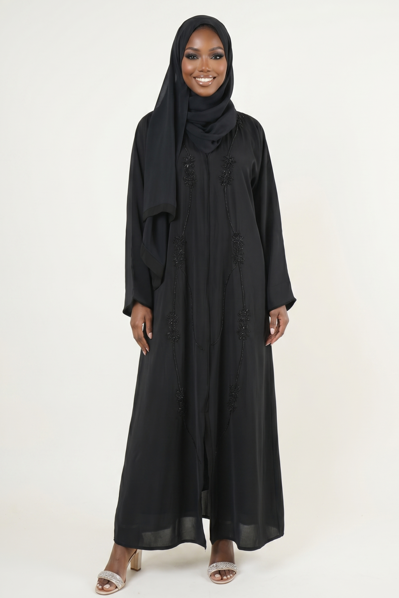 Elegant Black Embroidered Abaya Maxi Dress