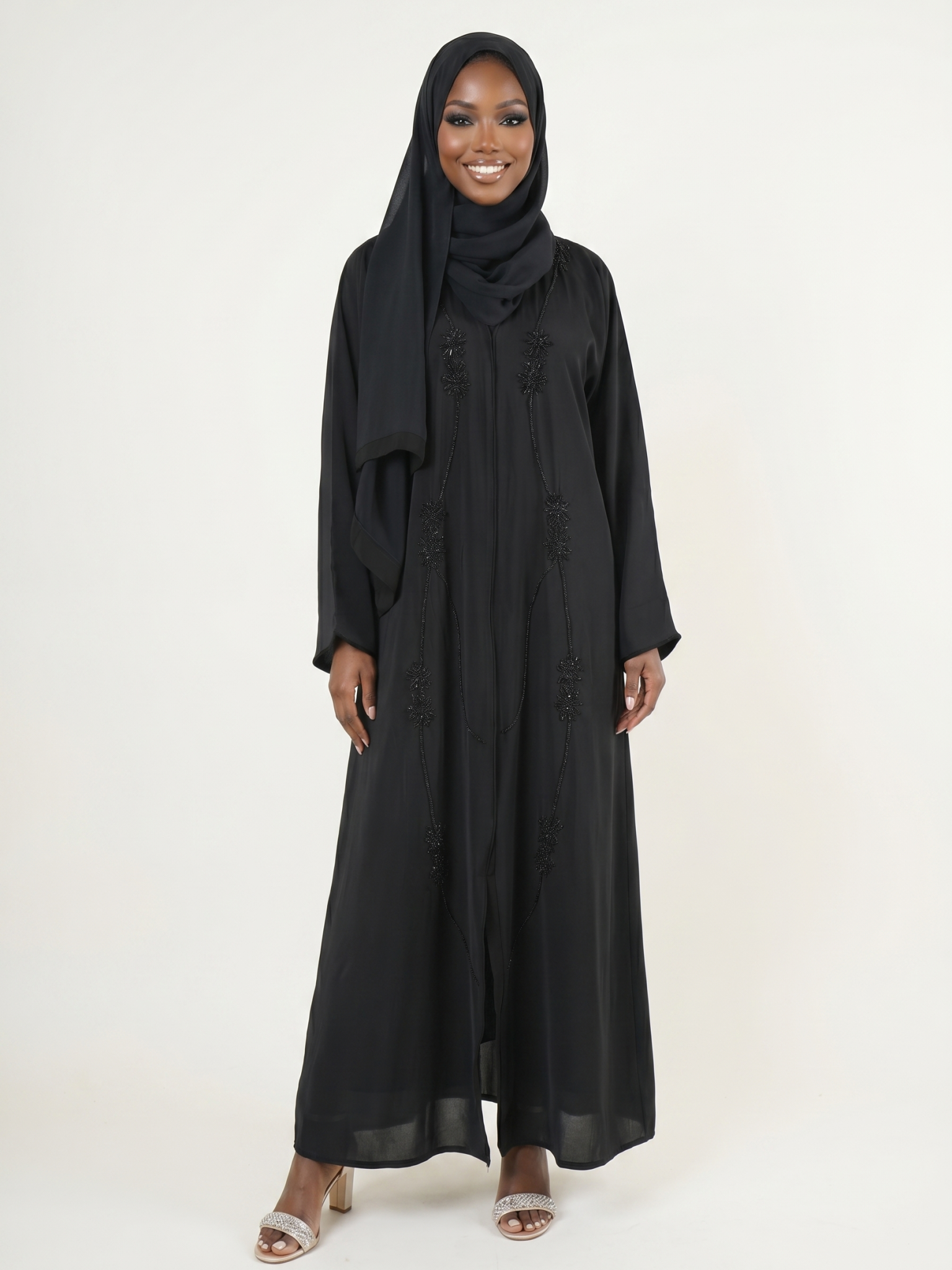 Elegant Black Embroidered Abaya Maxi Dress