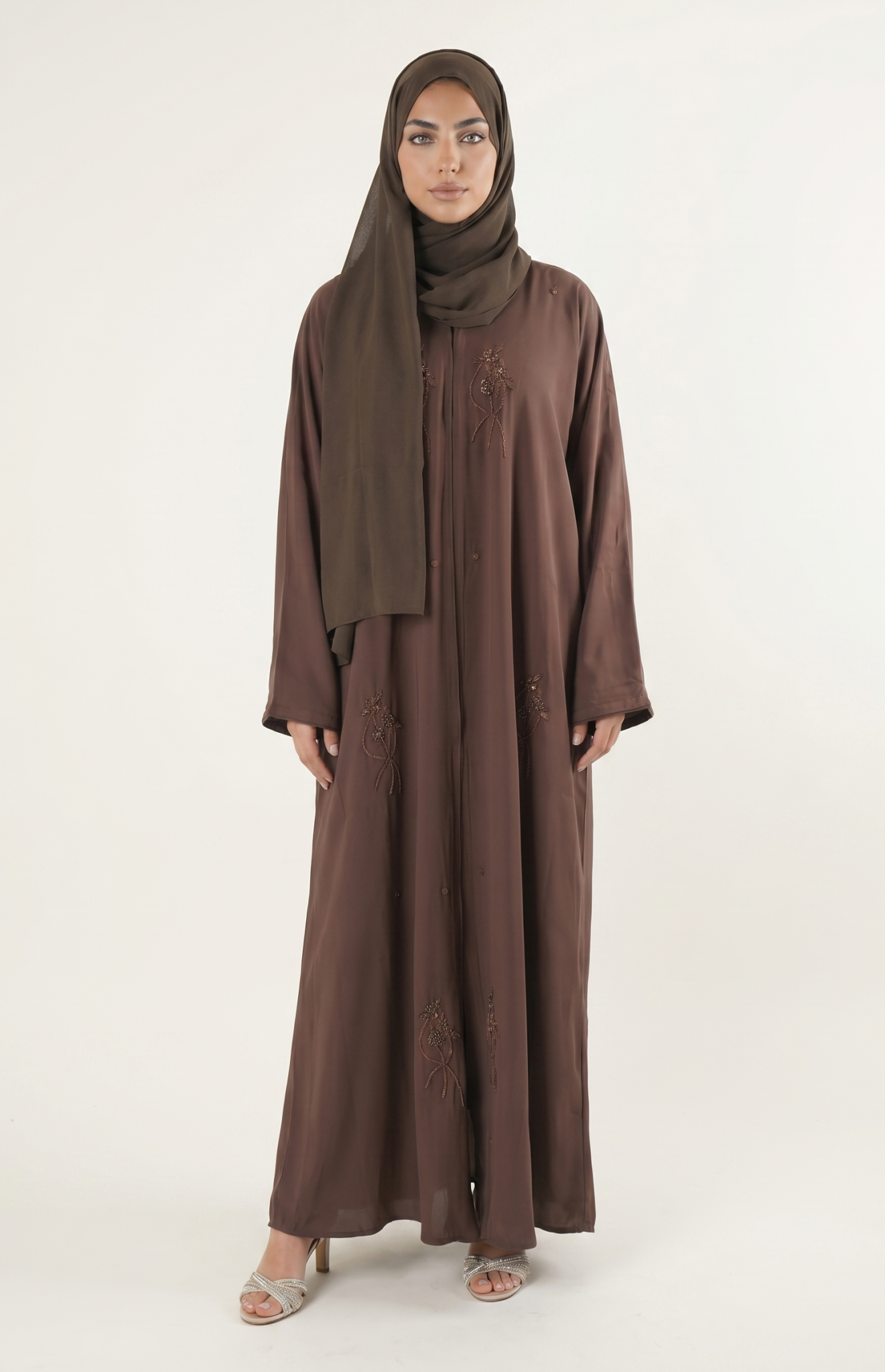 Elegant Brown Embroidered Abaya Maxi Dress
