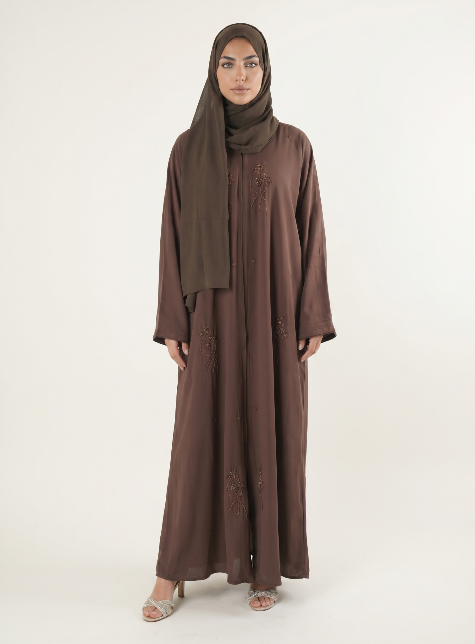Elegant Brown Embroidered Abaya Maxi Dress