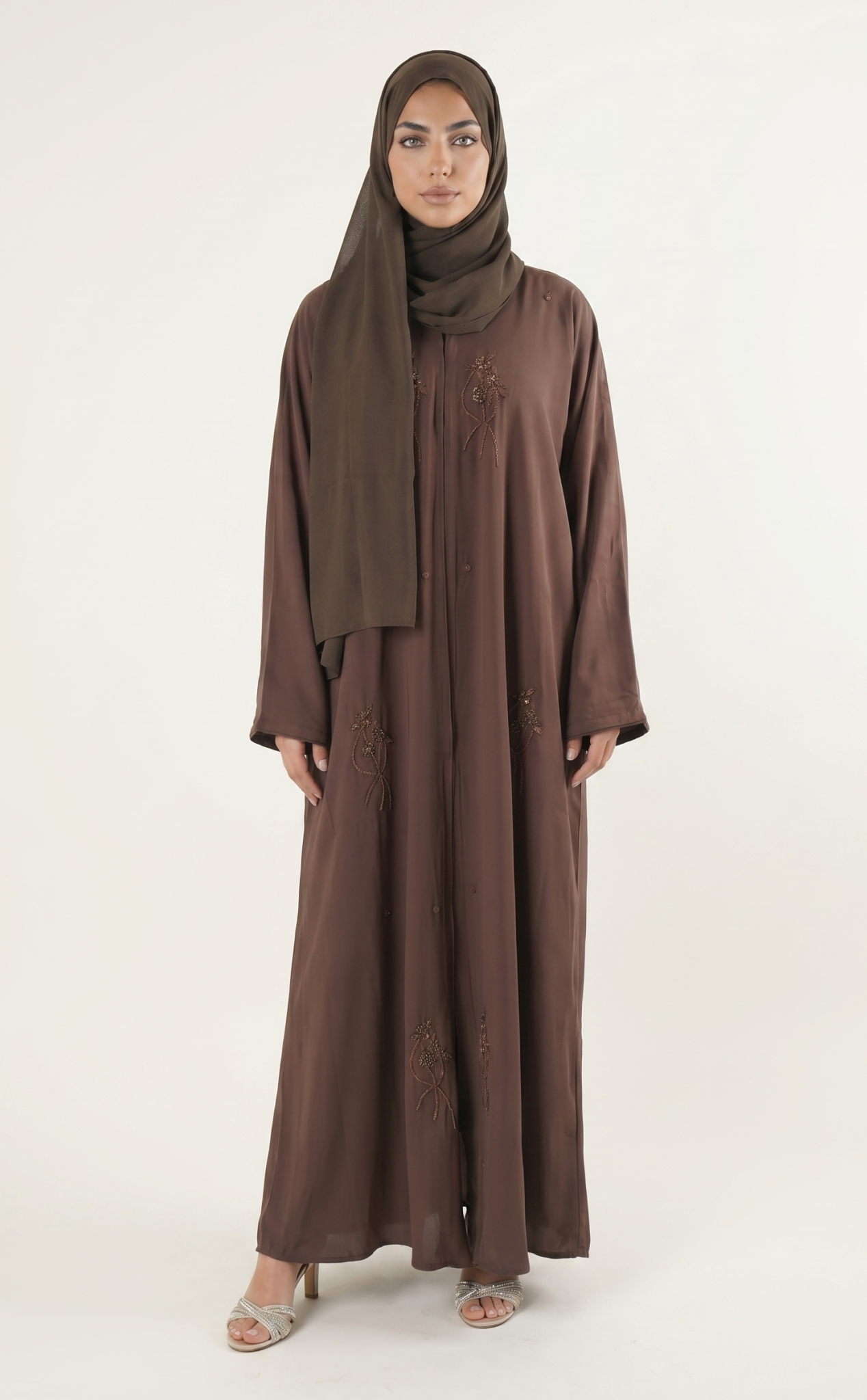 Elegant Brown Embroidered Abaya Maxi Dress