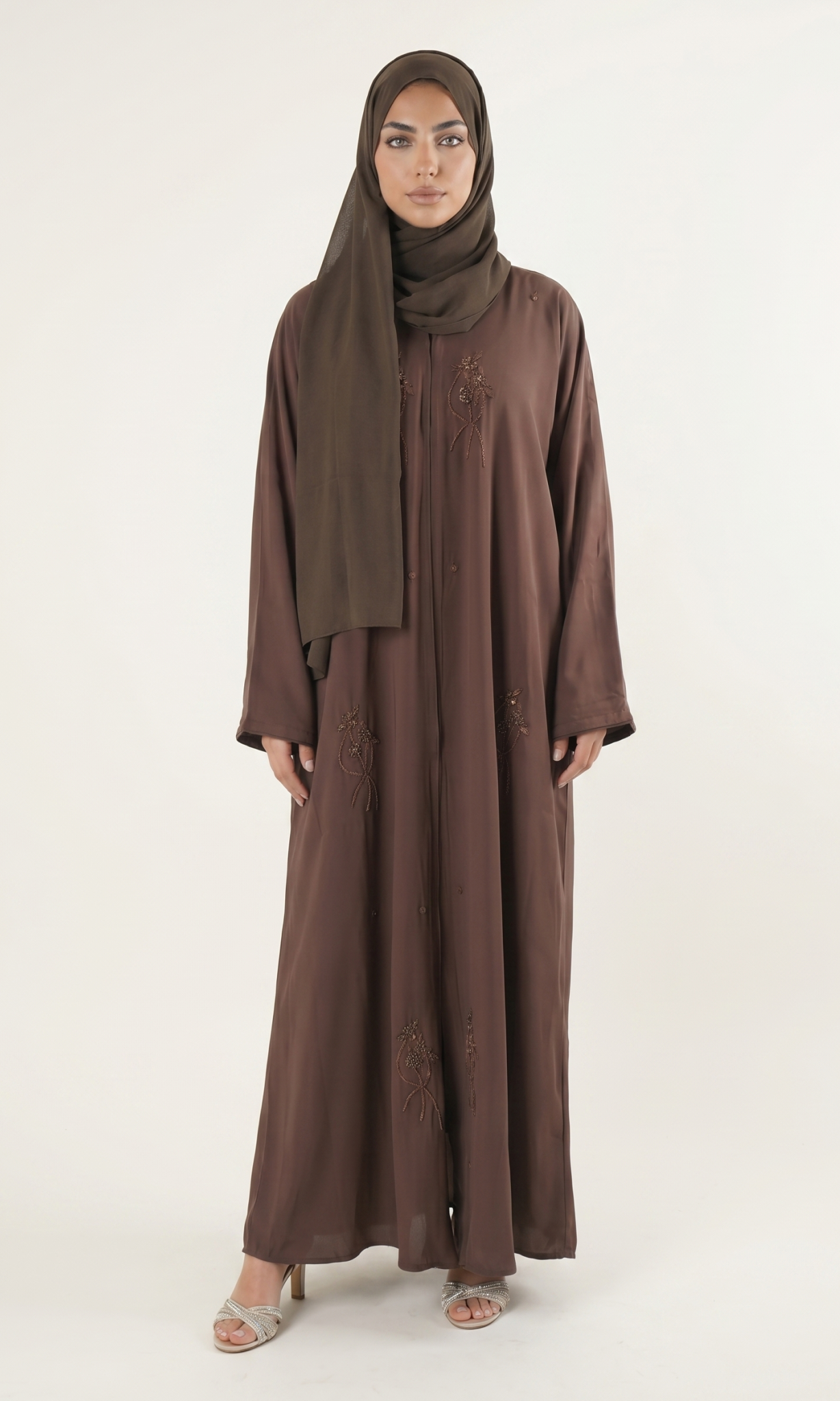 Elegant Brown Embroidered Abaya Maxi Dress