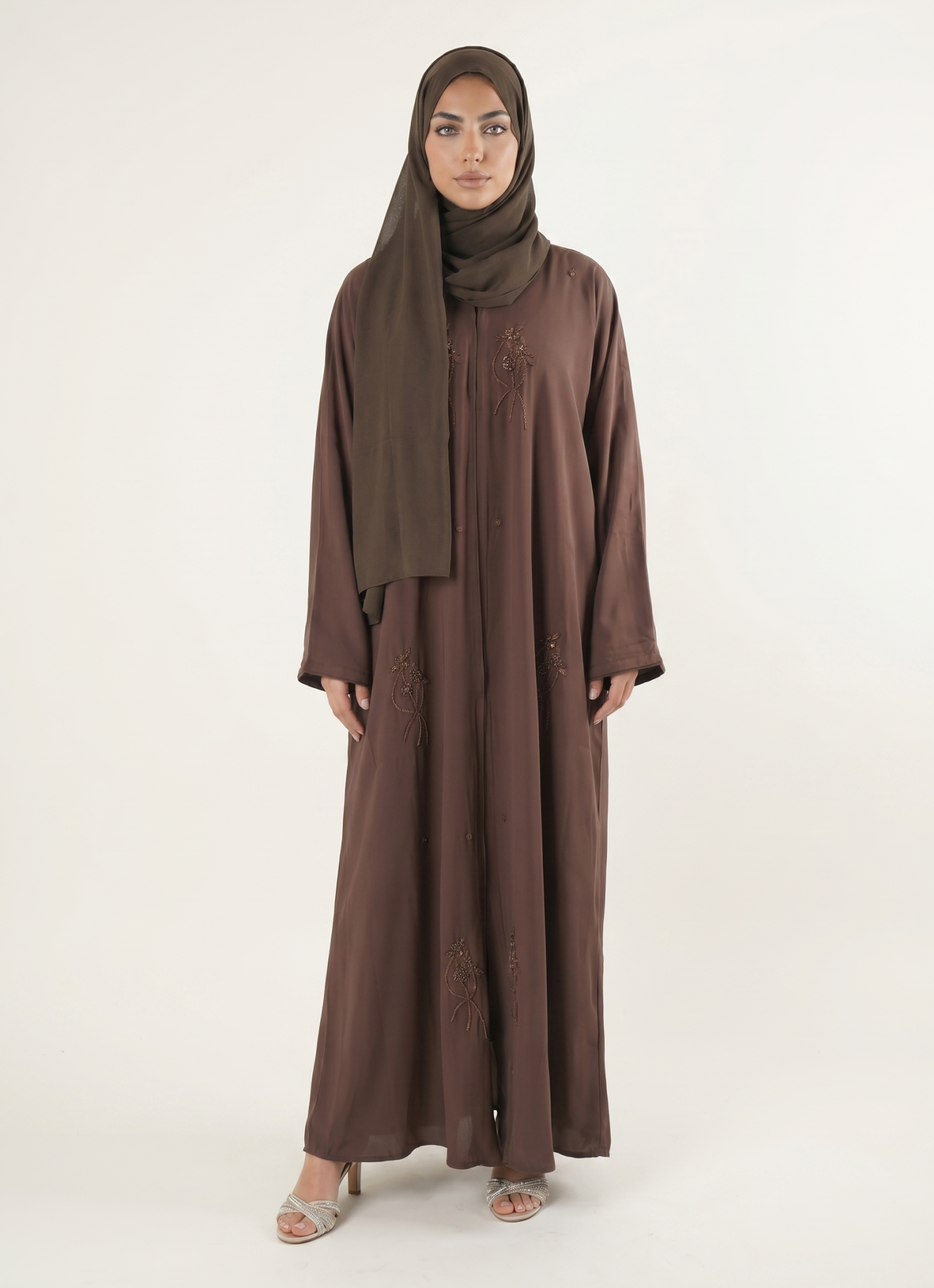 Elegant Brown Embroidered Abaya Maxi Dress