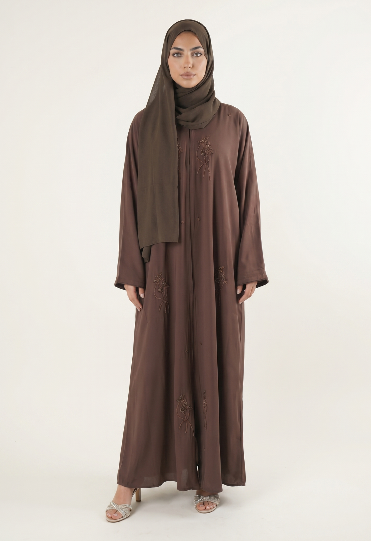 Elegant Brown Embroidered Abaya Maxi Dress