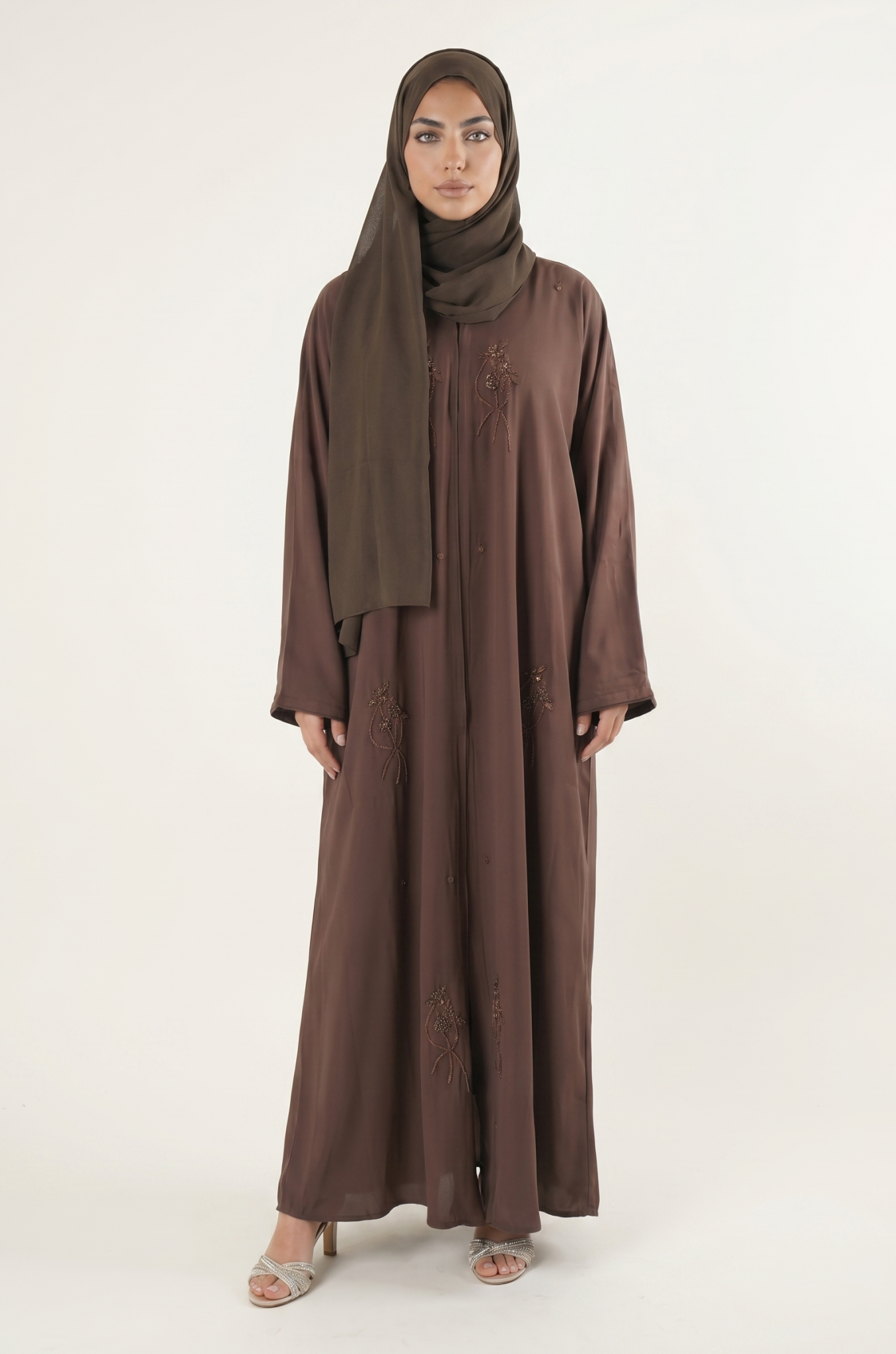 Elegant Brown Embroidered Abaya Maxi Dress