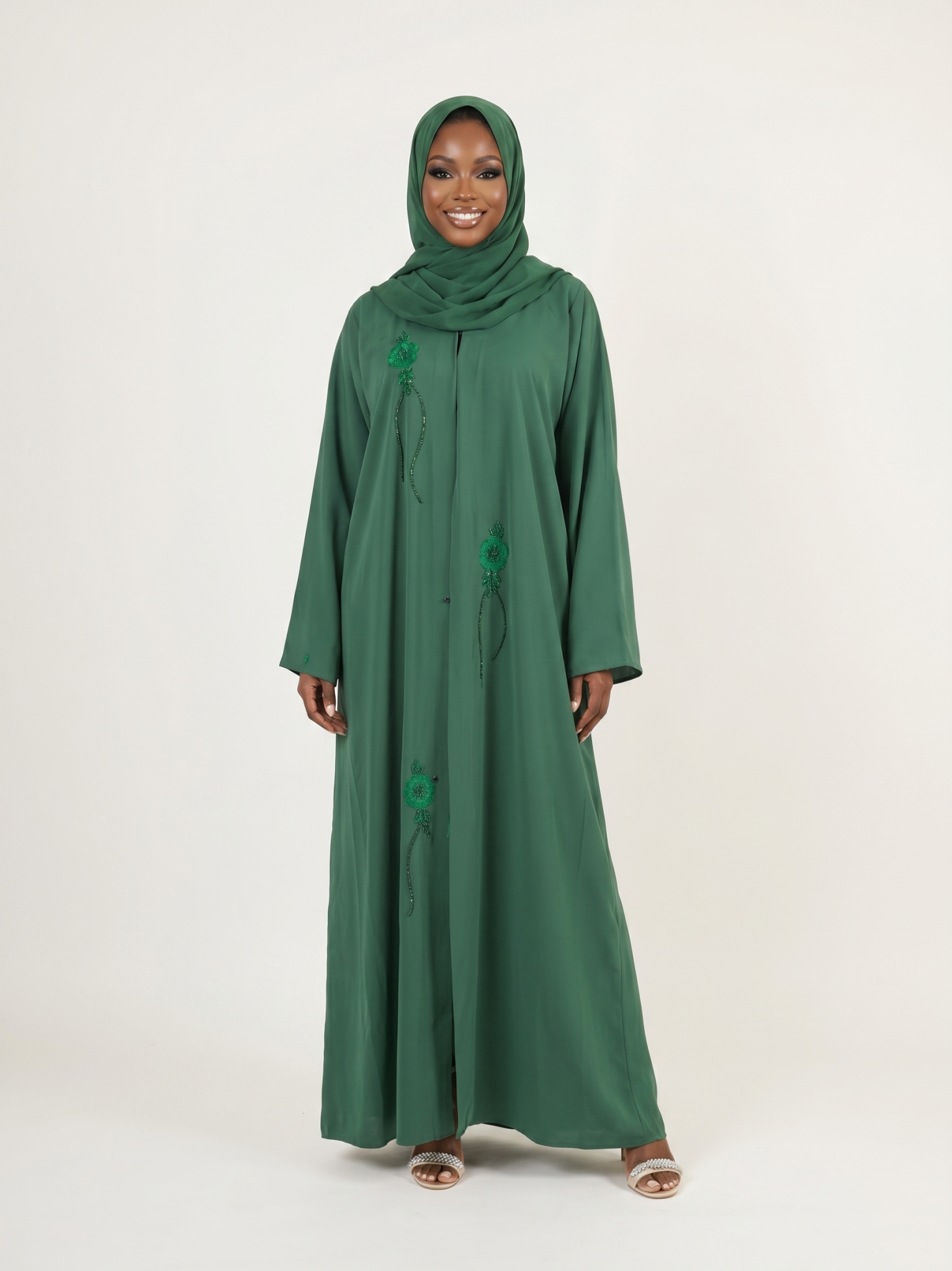 Emerald Green Embroidered Open Abaya Dress with Matching Hijab
