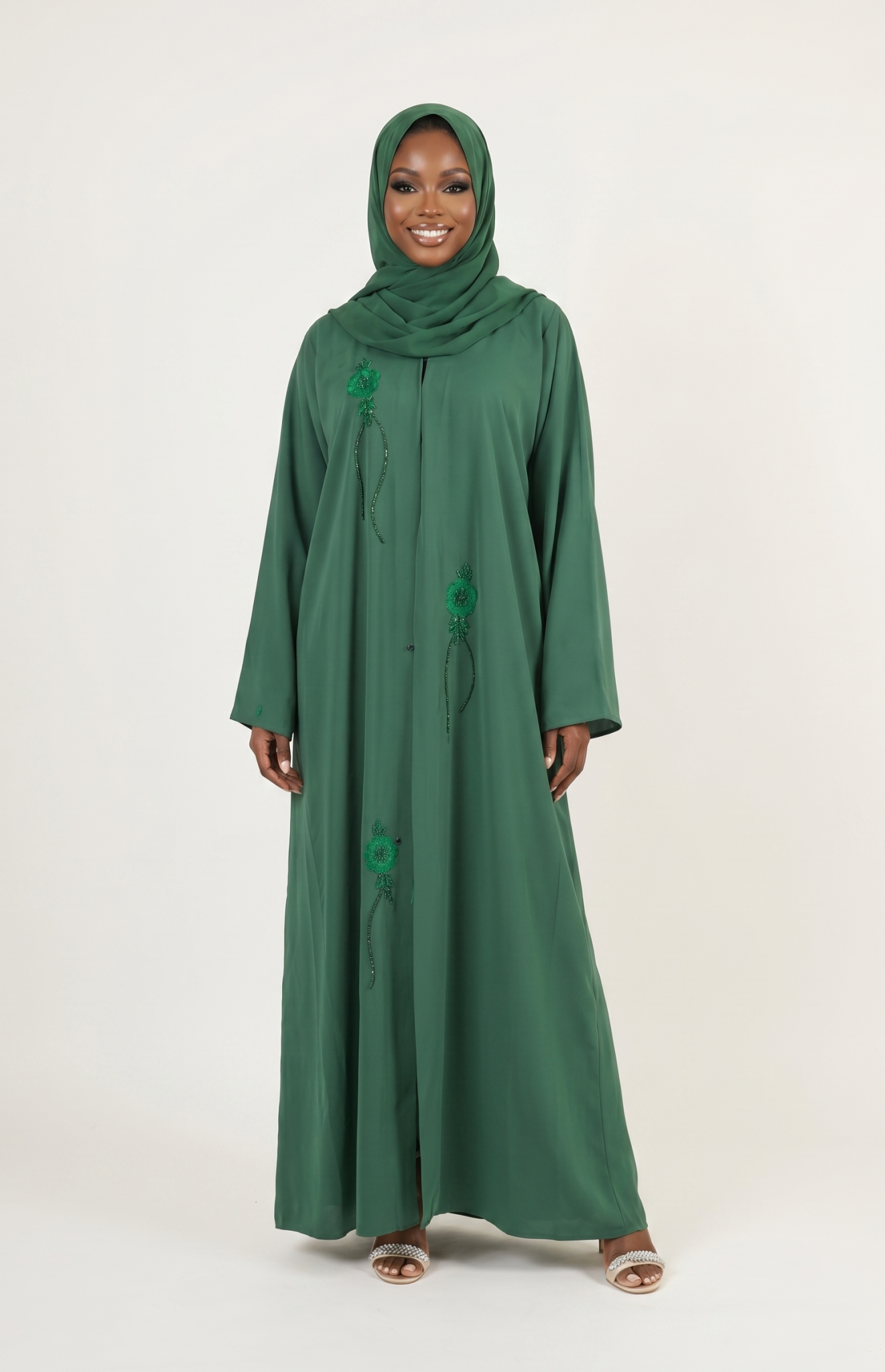 Emerald Green Embroidered Open Abaya Dress with Matching Hijab
