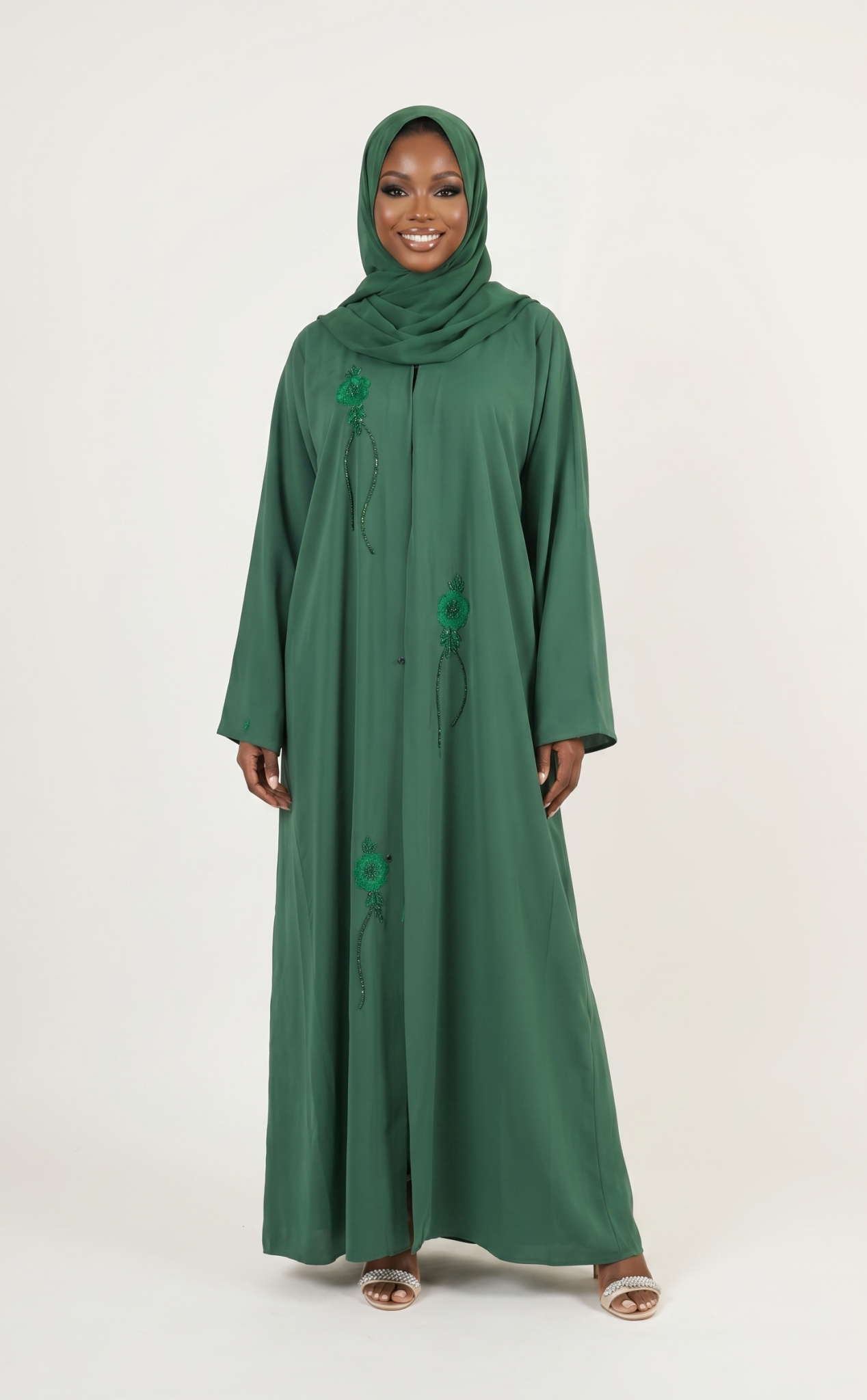 Emerald Green Embroidered Open Abaya Dress with Matching Hijab
