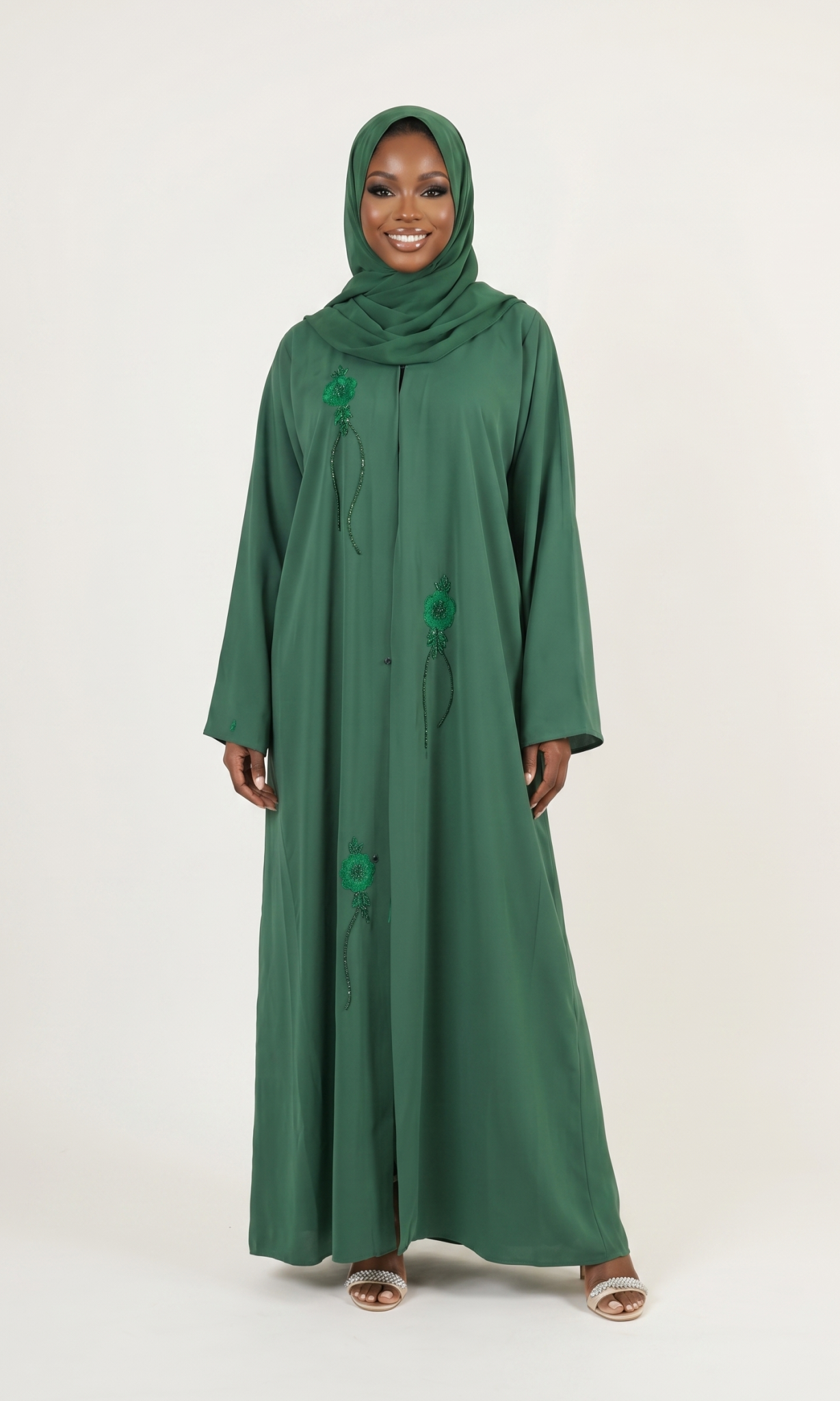 Emerald Green Embroidered Open Abaya Dress with Matching Hijab