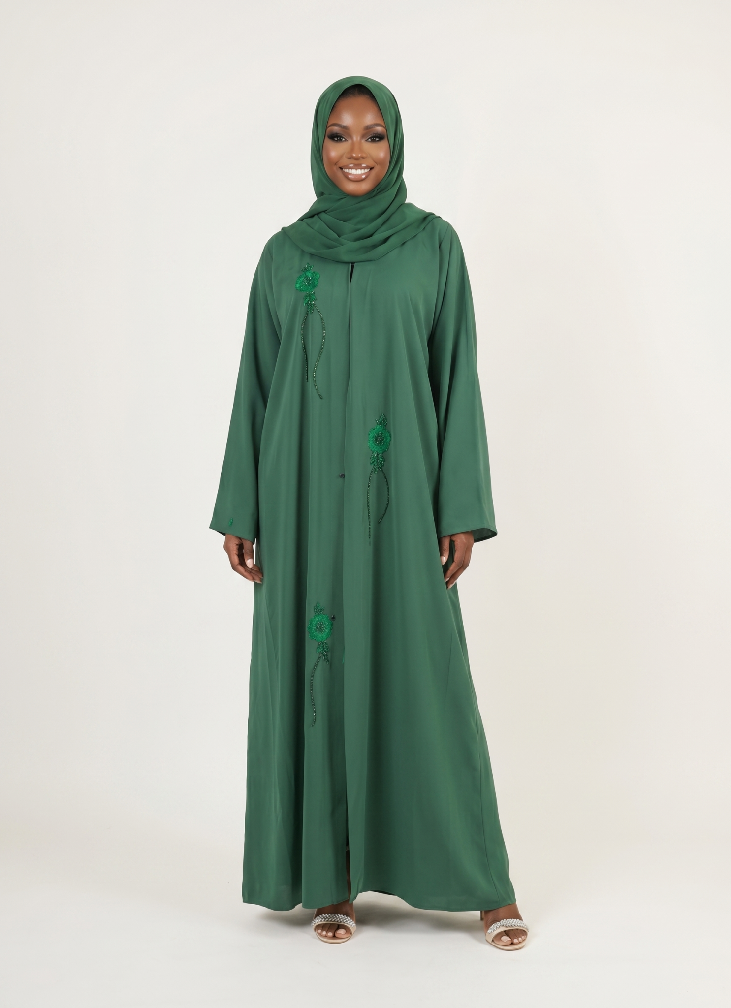 Emerald Green Embroidered Open Abaya Dress with Matching Hijab