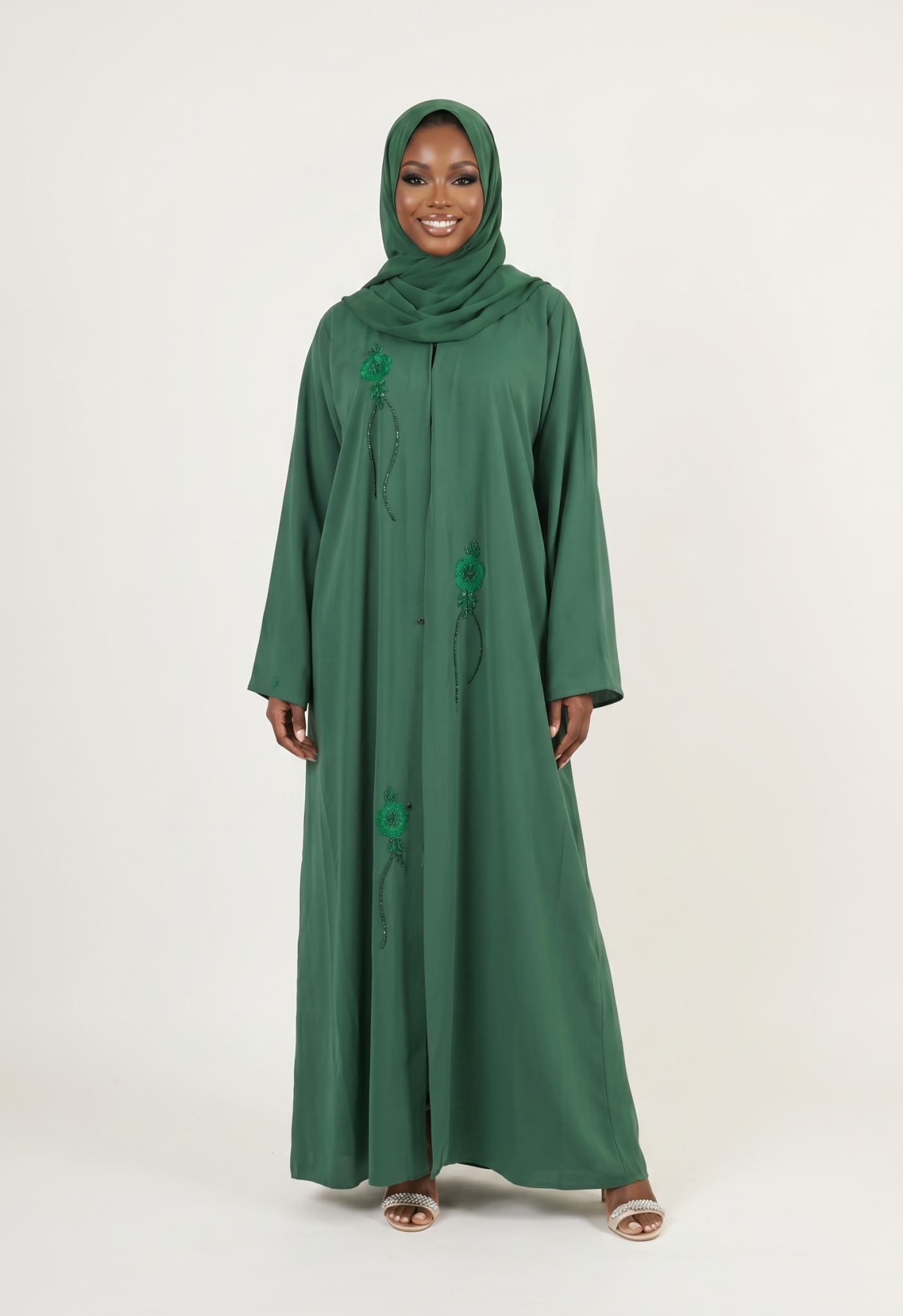 Emerald Green Embroidered Open Abaya Dress with Matching Hijab