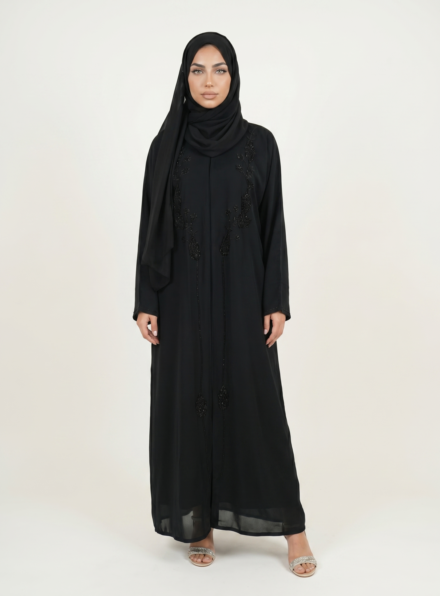 Elegant Black Embroidered Abaya Maxi Dress